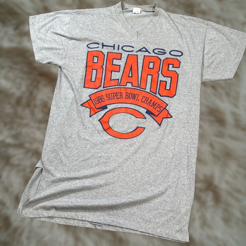 VINTAGE Chicago Bears 1986 Super Bowl Champs Artex Single Stitch Graphic T-Shirt Mens L Gray Sportswear/Beach Graphic Tee Bears Champions