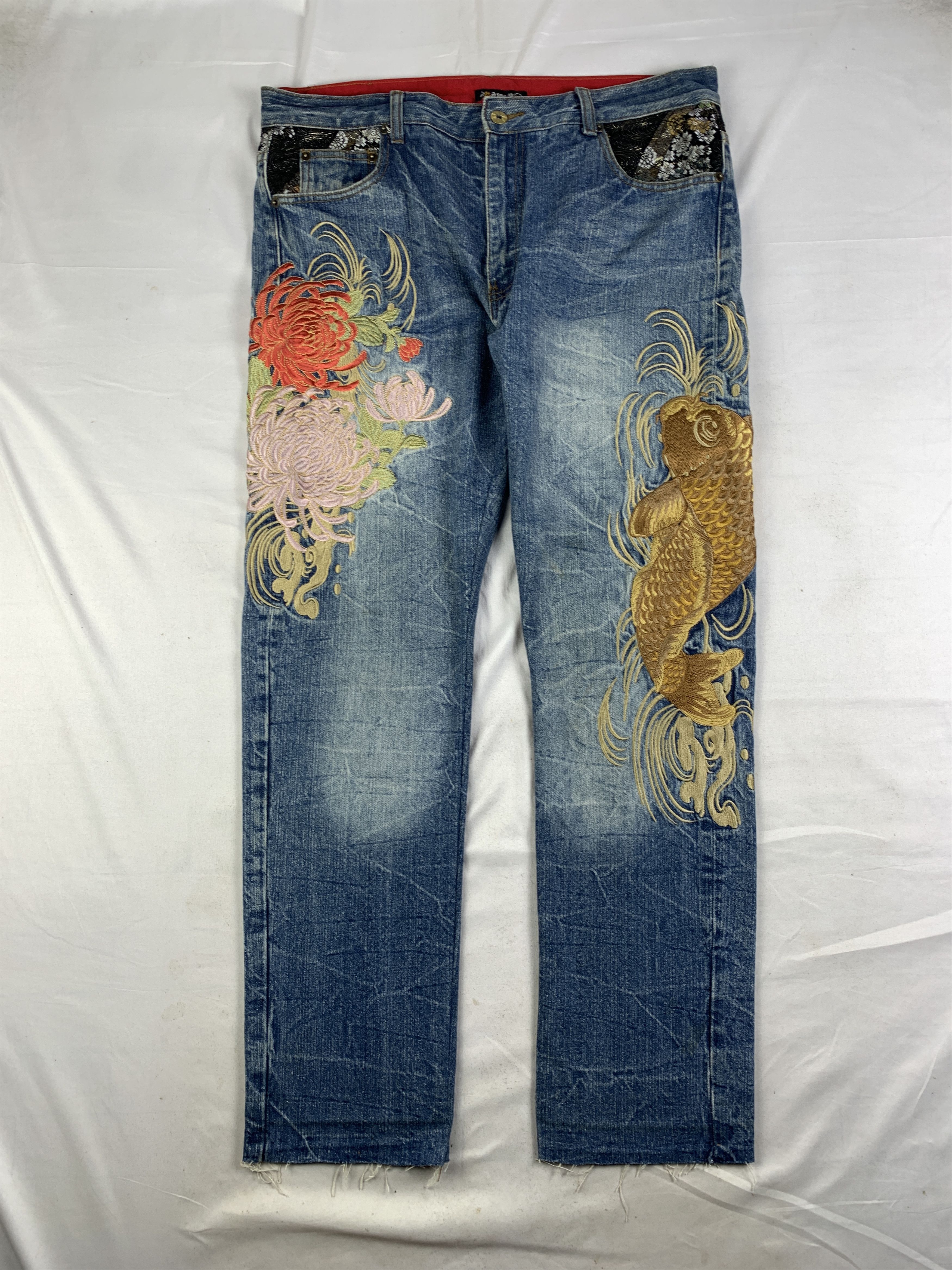 Japanese Brand Hishyouhakurei Blue Sukajan Koi Lily Relaxed Jeans (36) Size US 36 / EU 52 - 1 Thumbnail