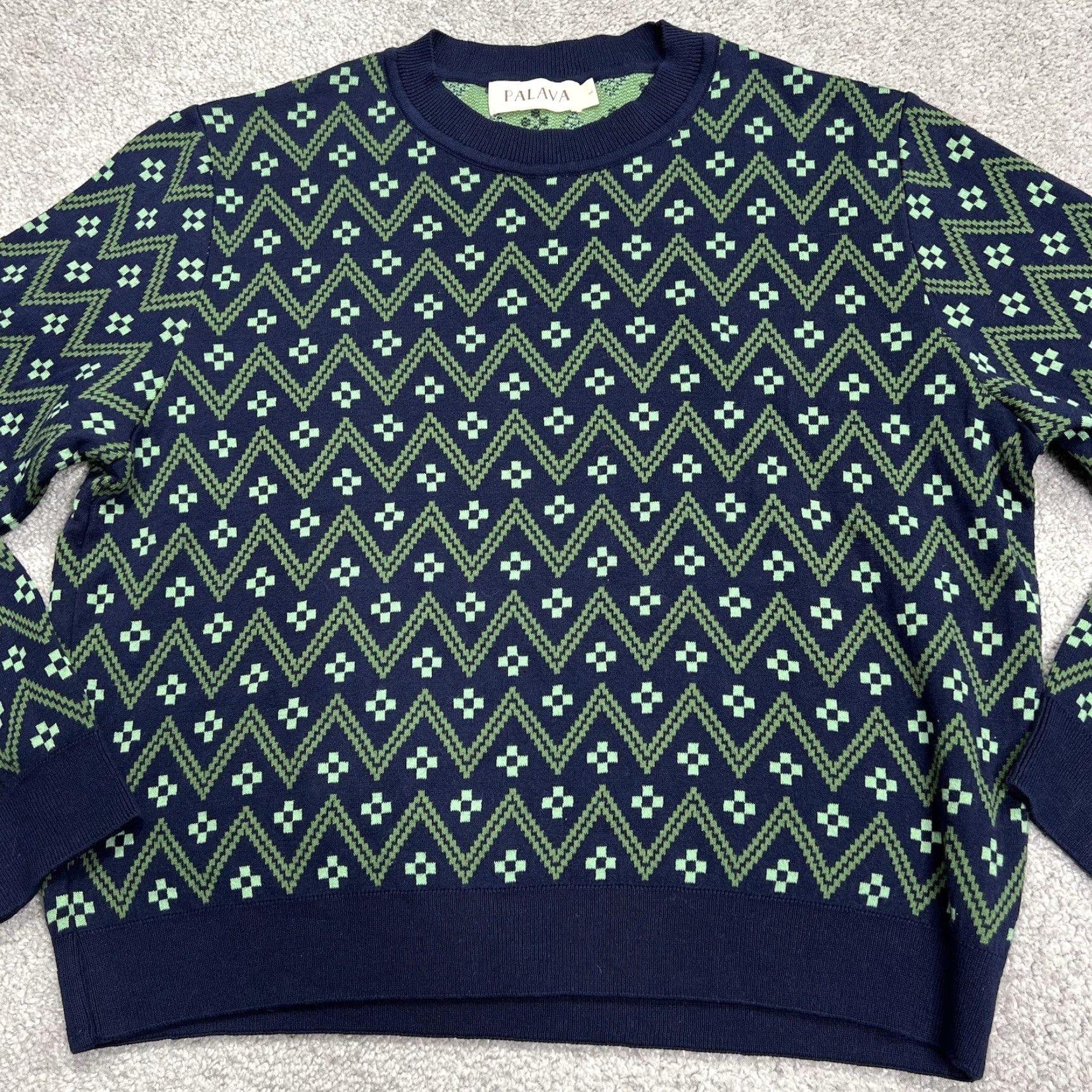 Vintage VINTAGE Palava Sweater Women’s Large Green Blue Knit Geometric Pullover Cotton Organic Size L / US 10 / IT 46 - 2 Thumbnail