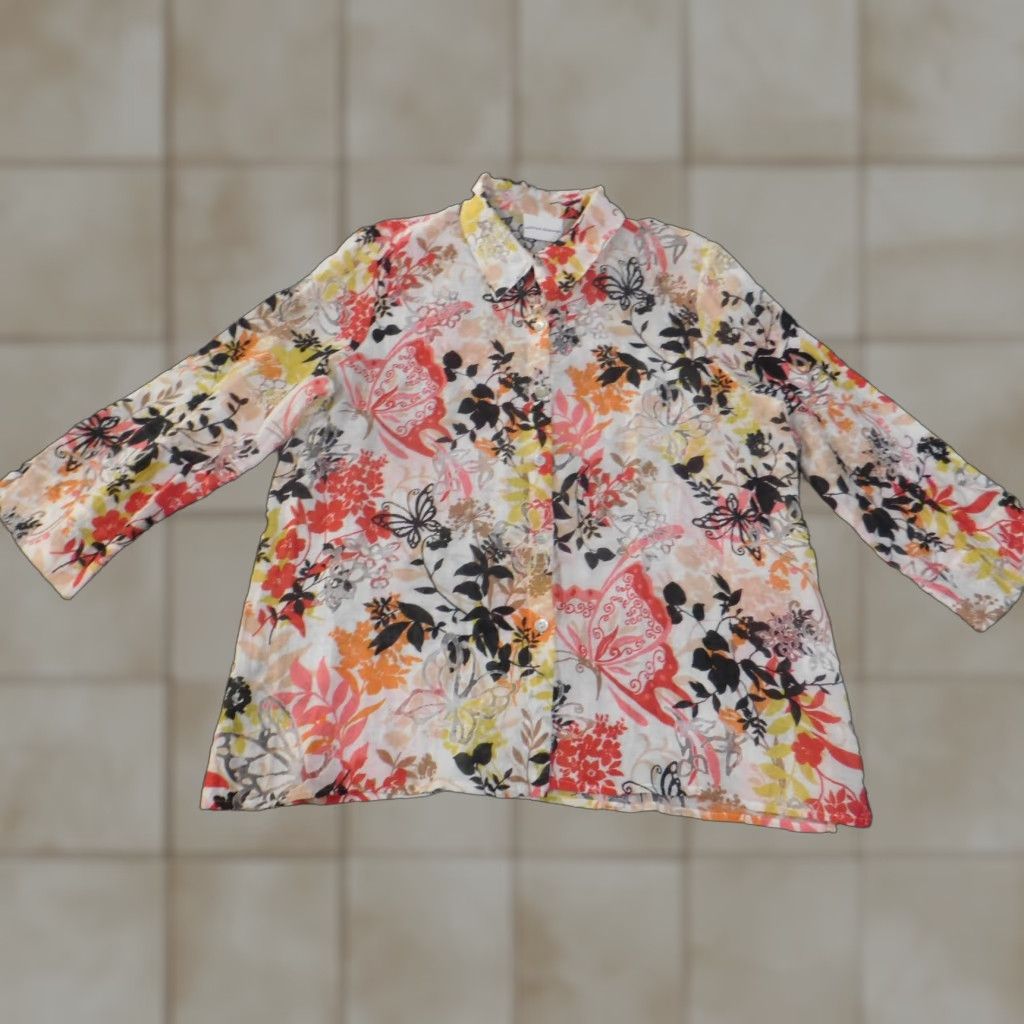 Vintage Alfred Dunner Button-Up Top XL Red Floral Sheer Butterfly Womens Long Sleeve Casual Pullover Round Neck Size XL / US 12-14 / IT 48-50 - 1 Thumbnail