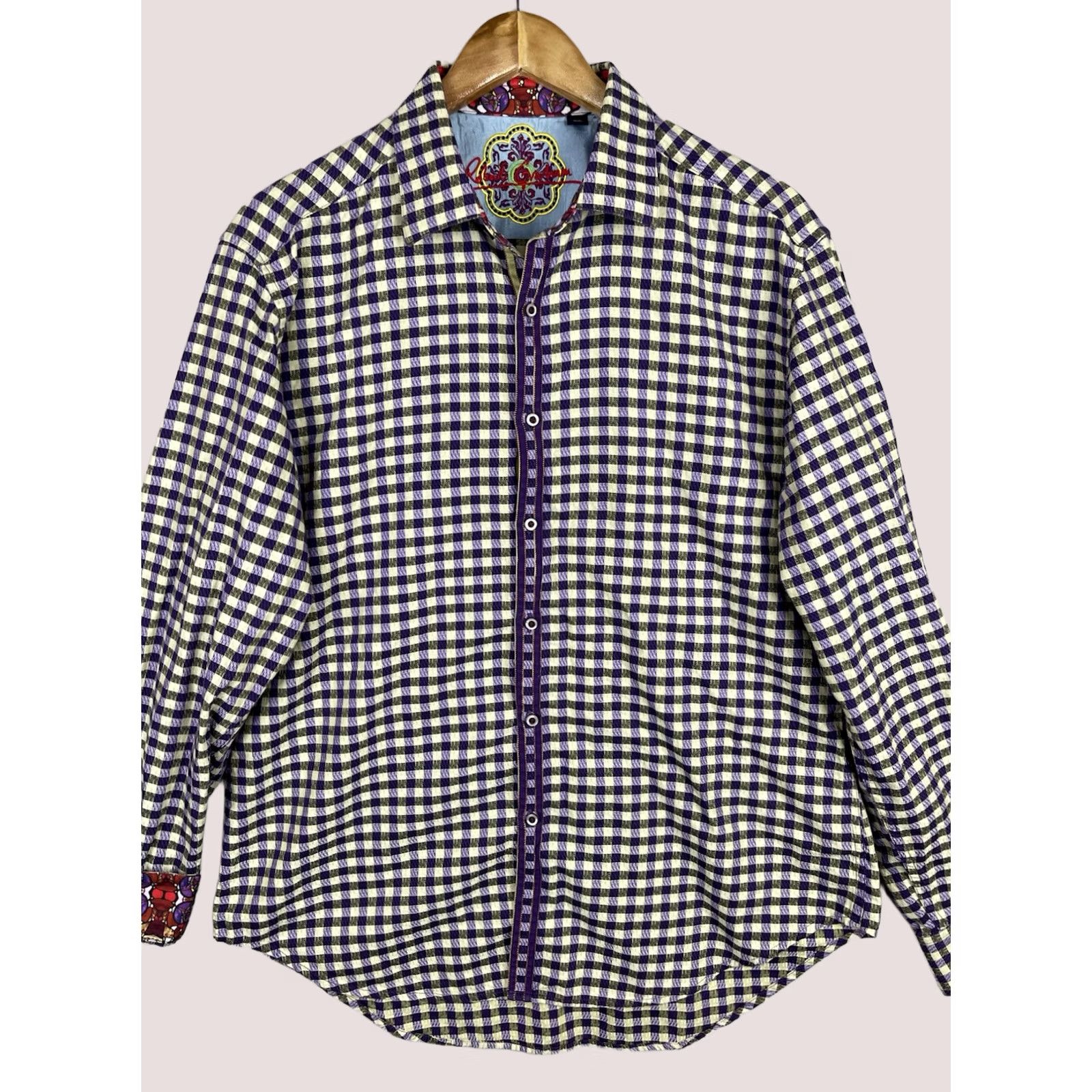 Robert Graham Robert Graham Shirt Mens Large Purple Check Button-Up Fold Flip Cuff Stained Glass Contrast Trim Button Size US L / EU 52-54 / 3 - 1 Thumbnail