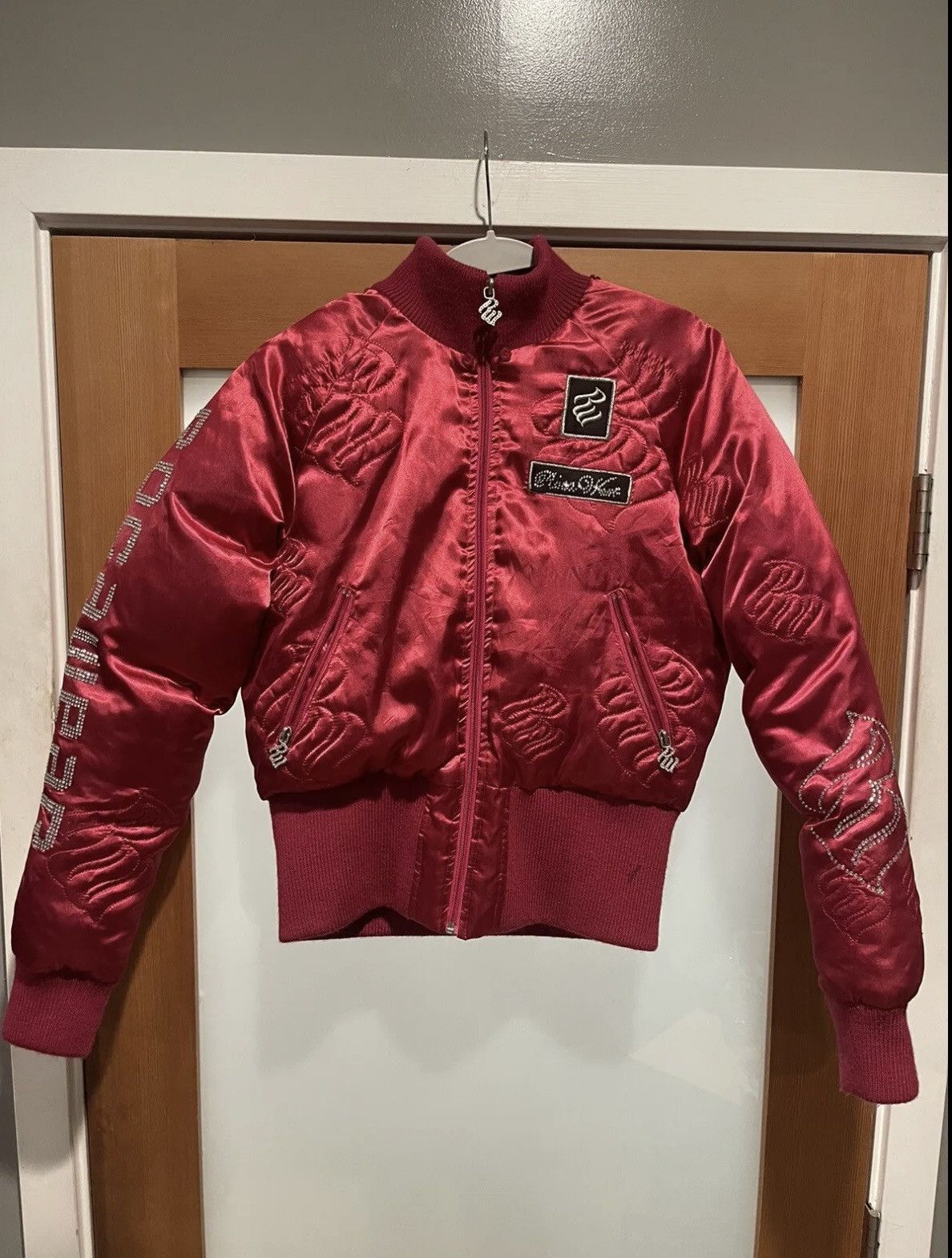 image of Vintage! Insane Pink Satin Rocawear Puff Bomber Jacket, Women's (Size Medium)