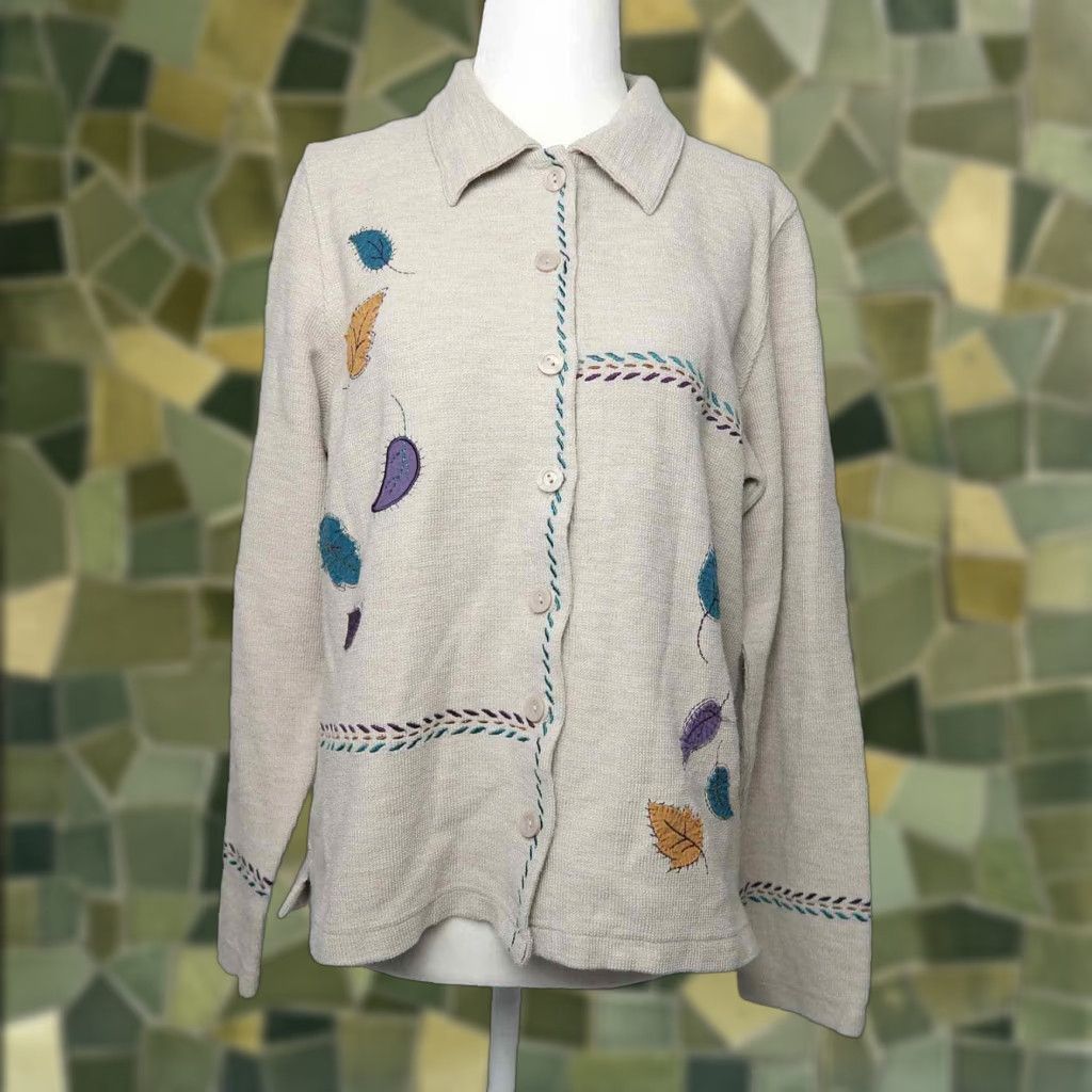 Vintage VINTAGE Christopher & Banks oatmeal tan knit cardigan embroidered leaves M cardigan Women Size M / US 6-8 / IT 42-44 - 1 Thumbnail