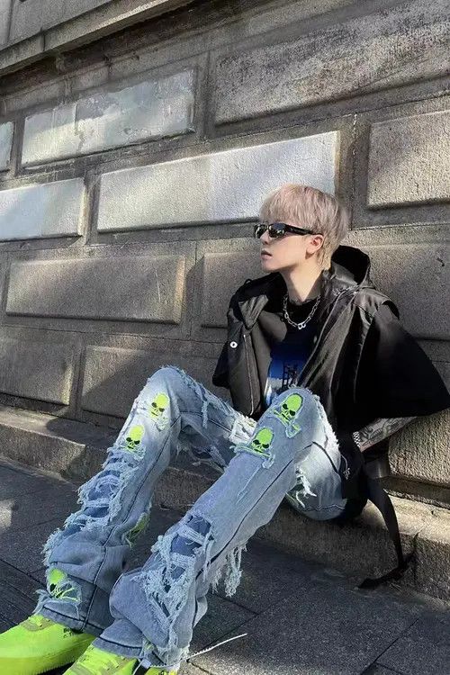 Jean Street hip hop heavy duty distressed skull embroidered jeans Size US 30 / EU 46 - 7 Thumbnail