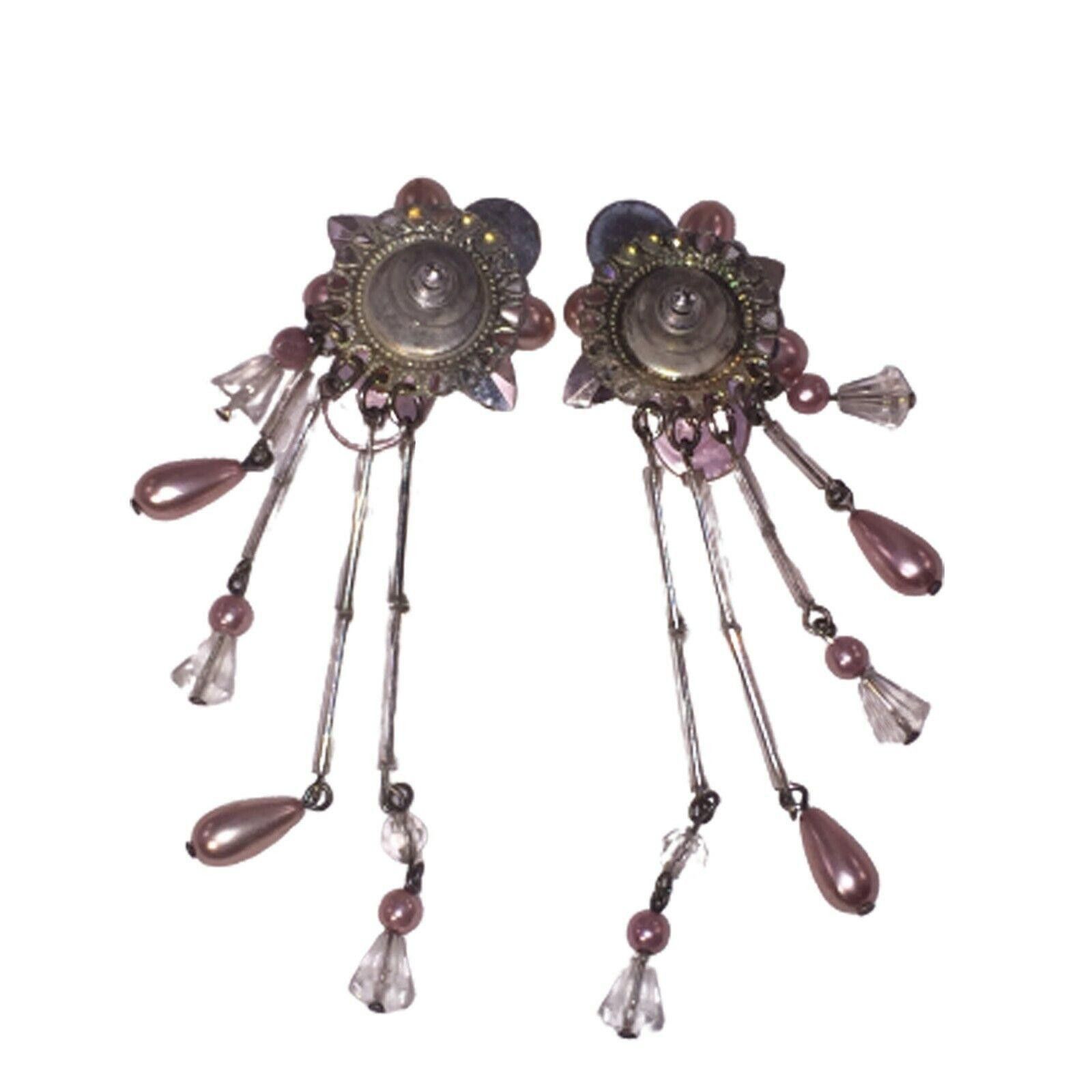 Handmade Hand Made Pink Pearl Rhinestone Dangle Chandelier Earrings Size ONE SIZE - 3 Thumbnail
