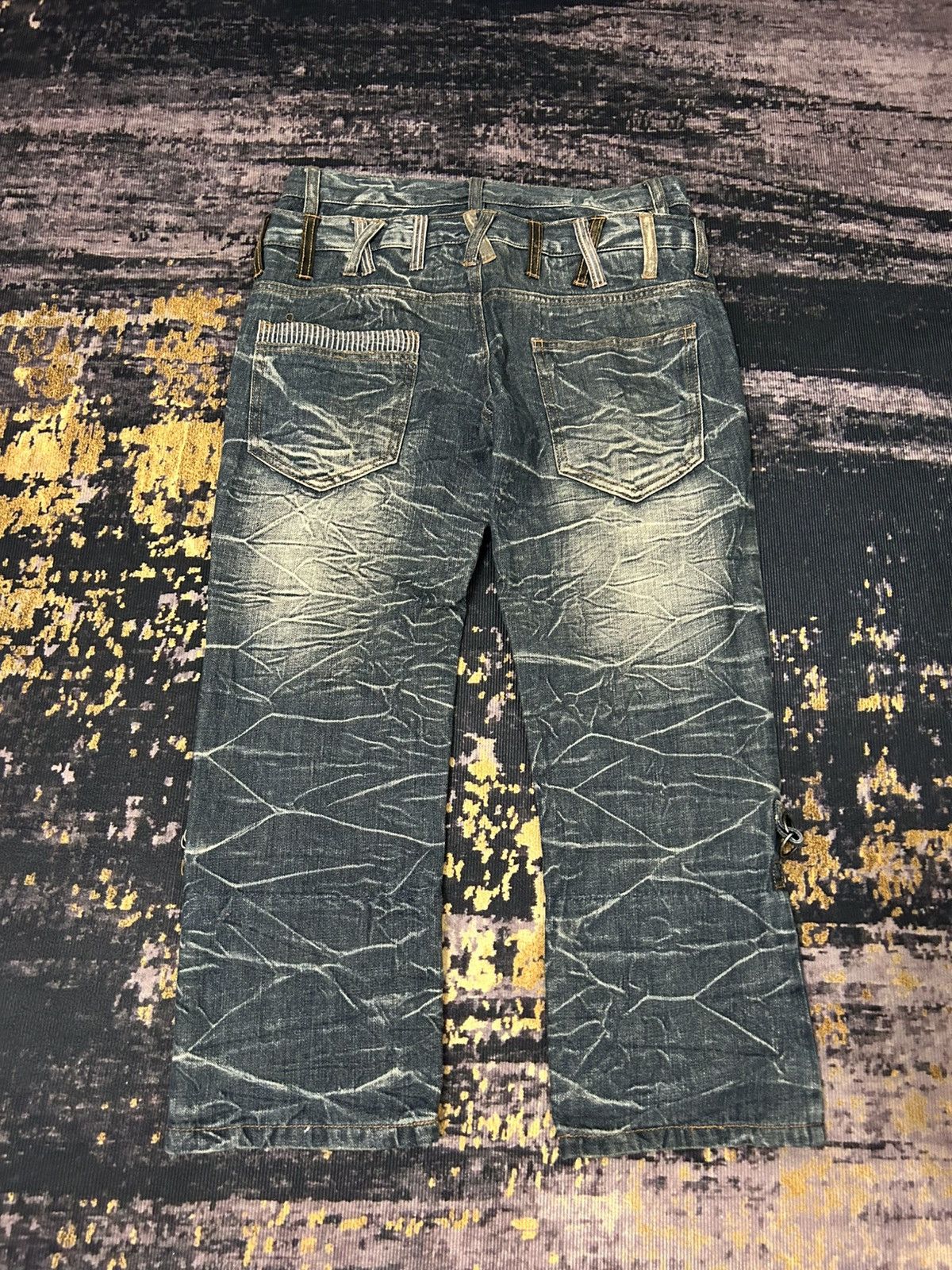 Japanese Brand NYLAUS Doublle Waist Mud Claw Mark Cropped Jeans Size US 31 - 7 Thumbnail
