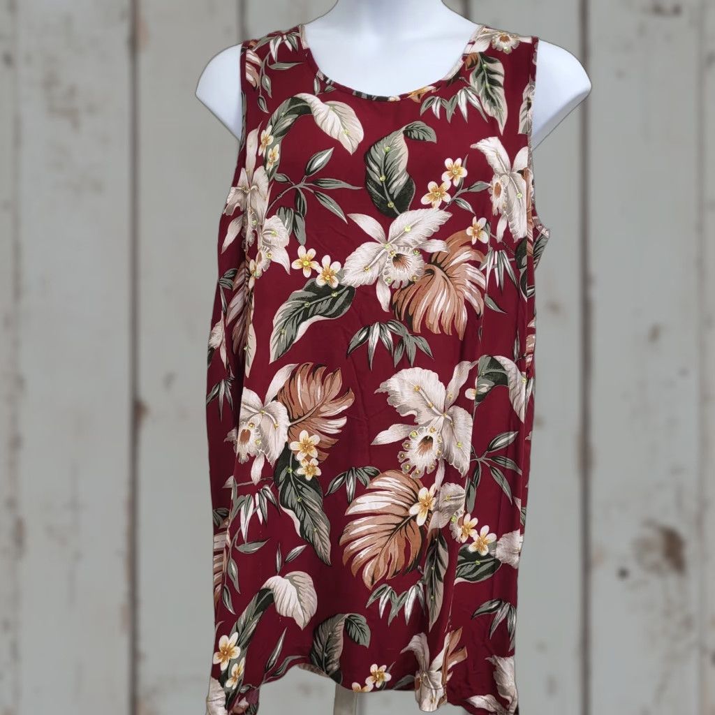 Vintage DNLA Sport Dress Women's XL Maroon Hawaiian Sequin Floral Print Sleeveless Tank Knee Length Dress Size 40" / US 18 - 1 Thumbnail