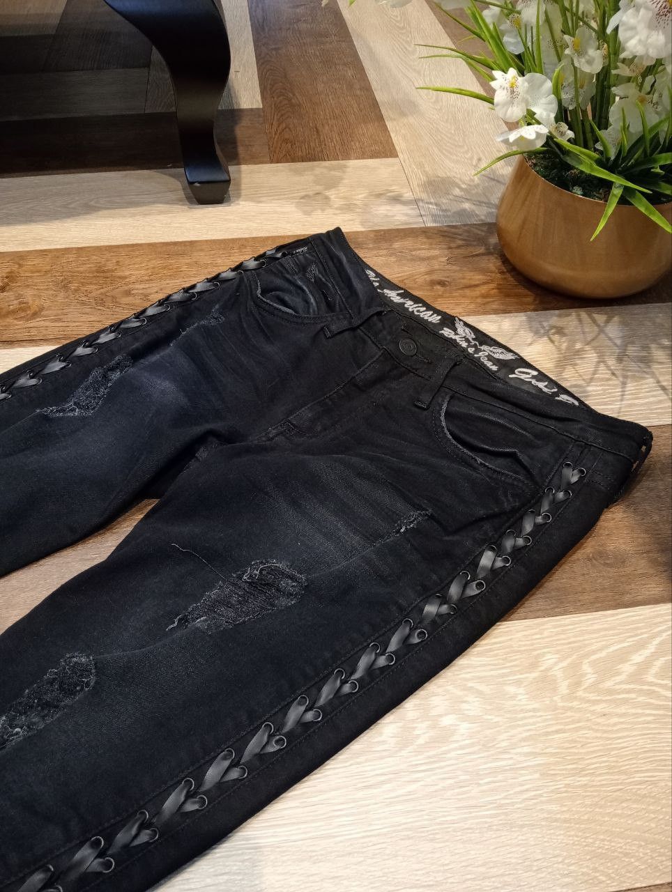 Robins Jeans ROBIN'S JEAN BLACK RIPPED FINISH LACE UP STRETCH SKINNY PANT Size 28" / US 6 / IT 42 - 6 Thumbnail