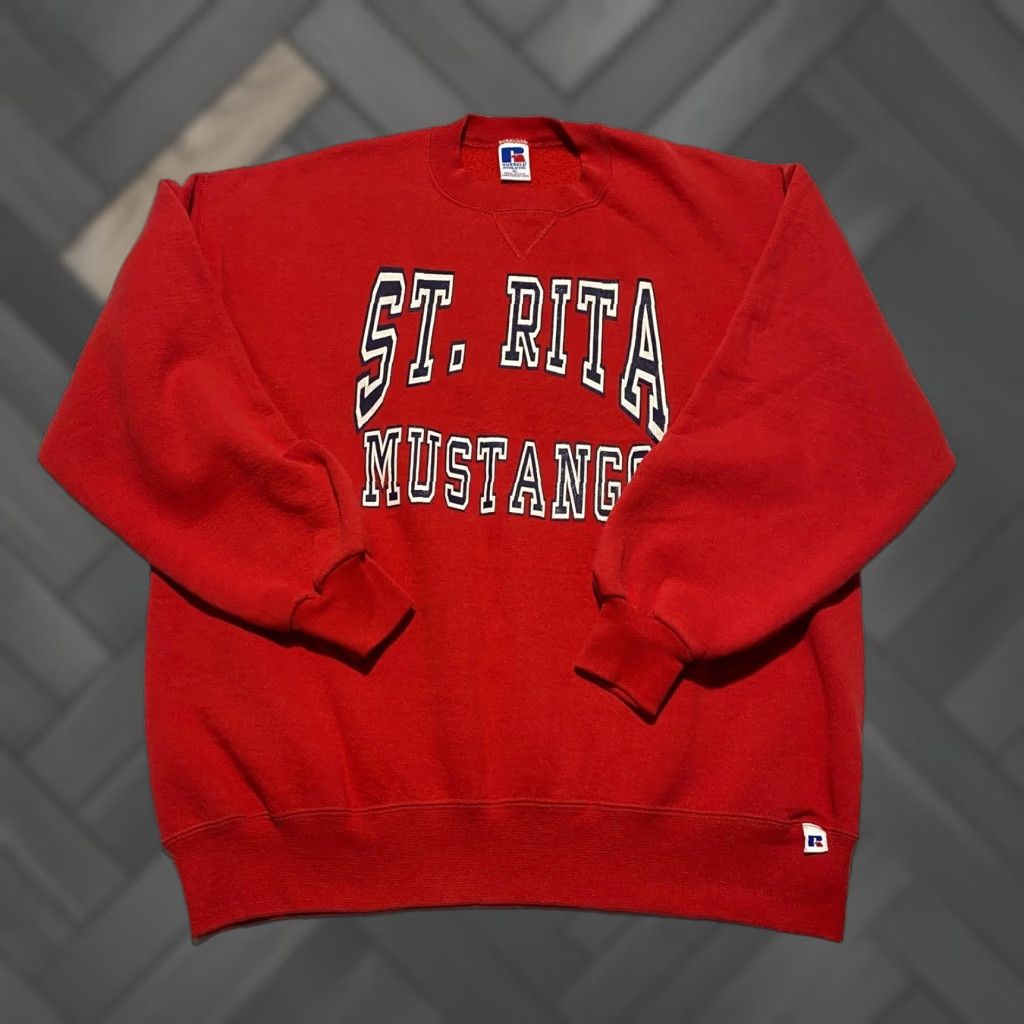 Russell Athletic VINTAGE Russell Athletic Sweatshirt Mens XL Red Mustangs 90s USA Crewneck Graphic Print Pullover Long Sleeve Size US XL / EU 56 / 4 - 1 Thumbnail