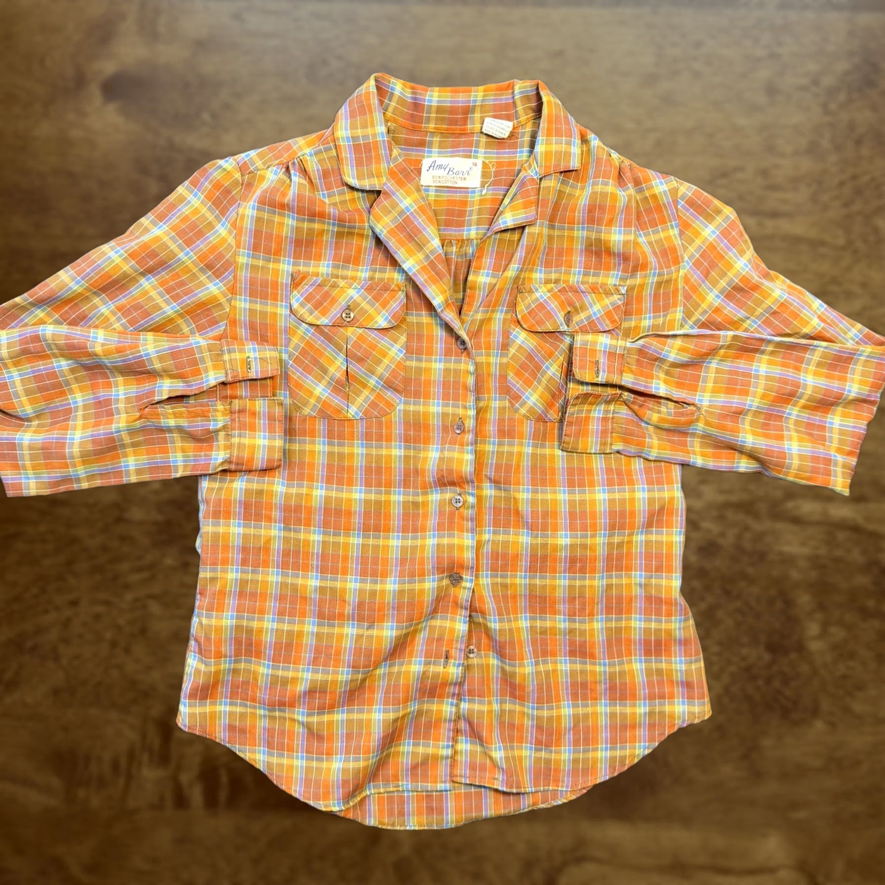 Vintage Vintage Amy Barr Button-Up Shirt Womens 10 Orange Plaid Long Sleeve Lightweight T1823 Size L / US 10 / IT 46 - 1 Thumbnail