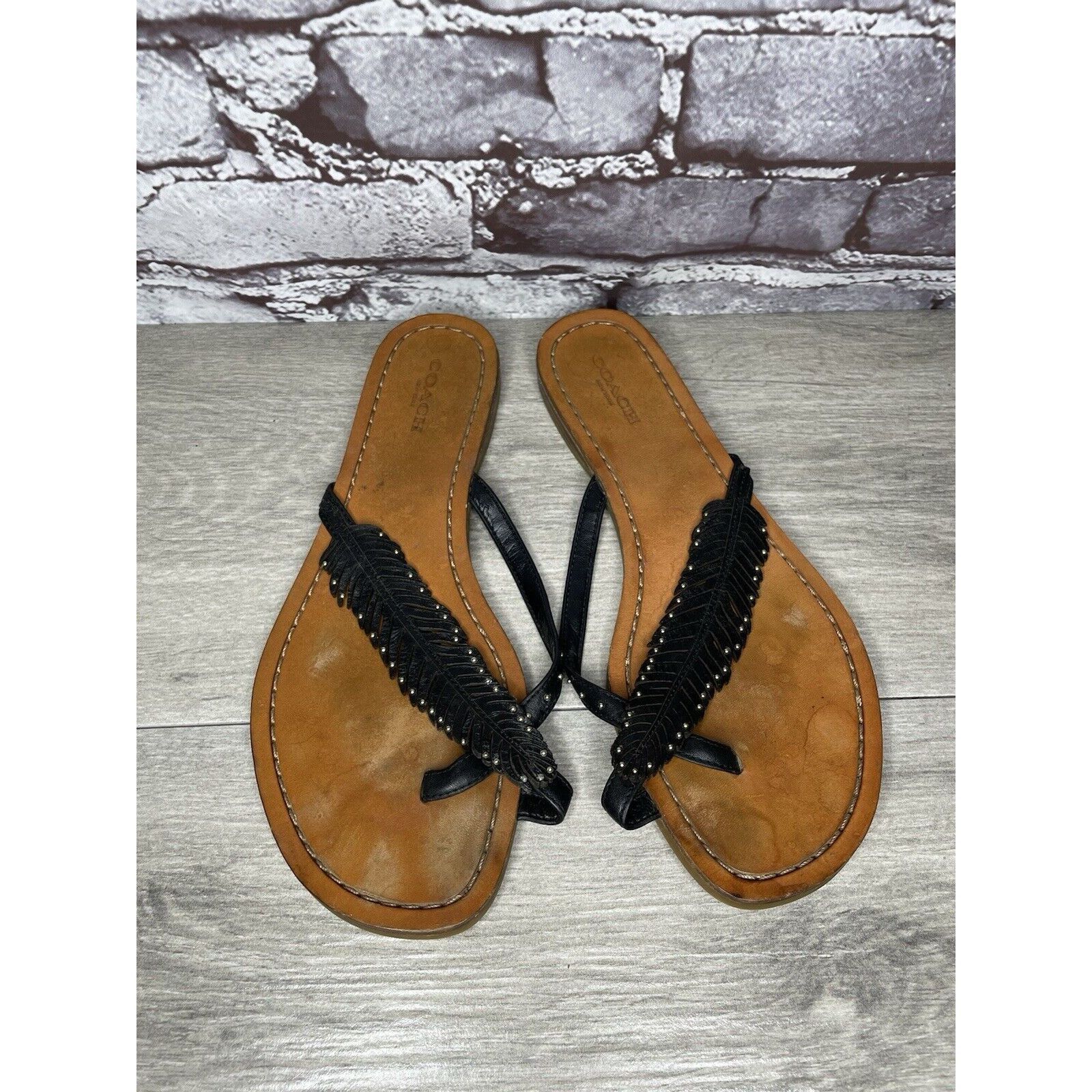 Coach Coach New York DENI Black Leather Feather Thong Flat Sandals Size US 8 / IT 38 - 1 Thumbnail