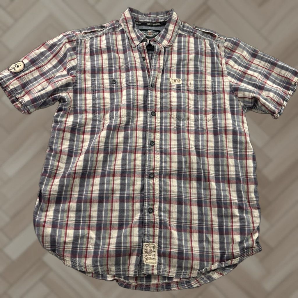 Harley Davidson Harley-Davidson Short Sleeve Plaid Button-Up Shirt Men's L Blue Tan Red Pattern Size US L / EU 52-54 / 3 - 1 Thumbnail