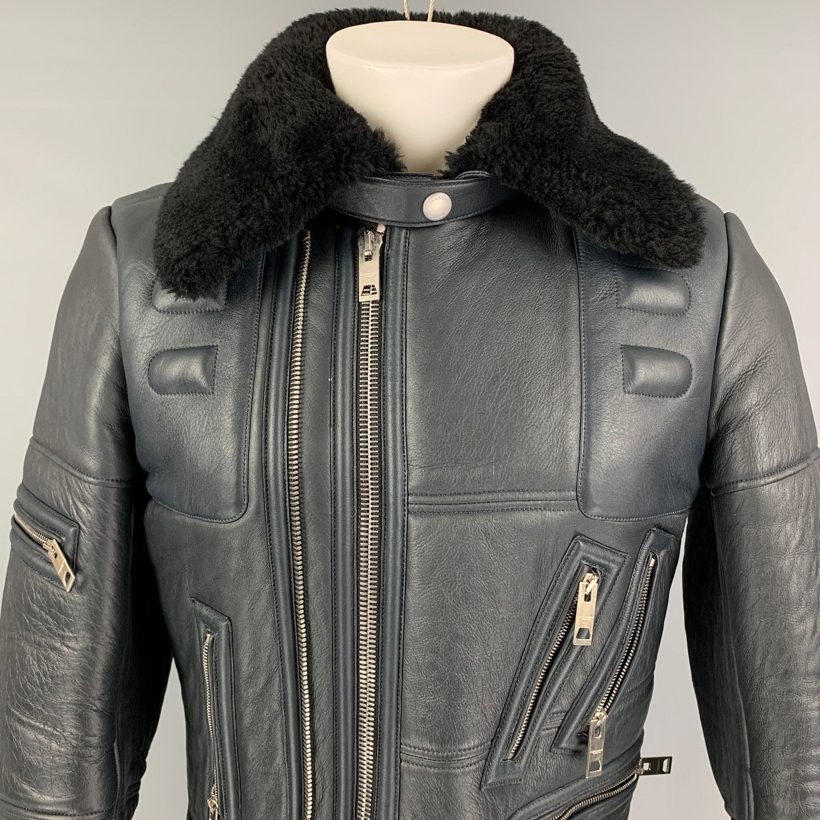 Burberry Prorsum FW 2010 38 Blue Black Lamb Leather Shearling Biker Jacket Size US M / EU 48-50 / 2 - 3 Thumbnail