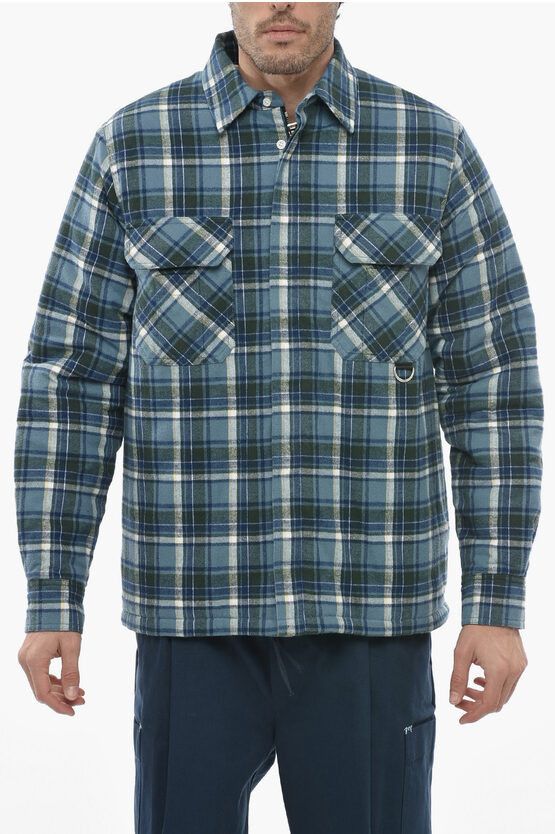 image of Loewe Cotton Flannel Quilted Overshirt With Plaid Check Motif in Blue, Men's (Size Small)
