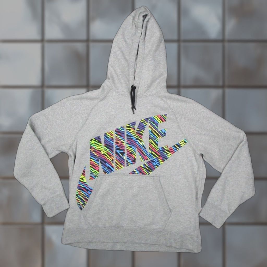 Nike Nike Hoodie Mens Large Gray Neon Spellout Sweatshirt Pullover Colorful 90s Theme Sports Pockets Hooded Drawstring Kangaroo Front Graphic 90s Mens Size US L / EU 52-54 / 3 - 1 Thumbnail