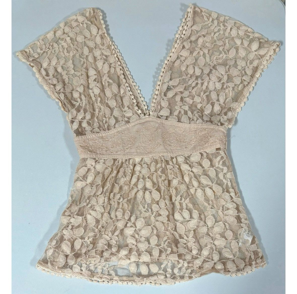Free People Tan Beige Floral Lace Y2K Babydoll Shirt Top Blouse Size S ✨ Size S / US 4 / IT 40 - 2 Thumbnail