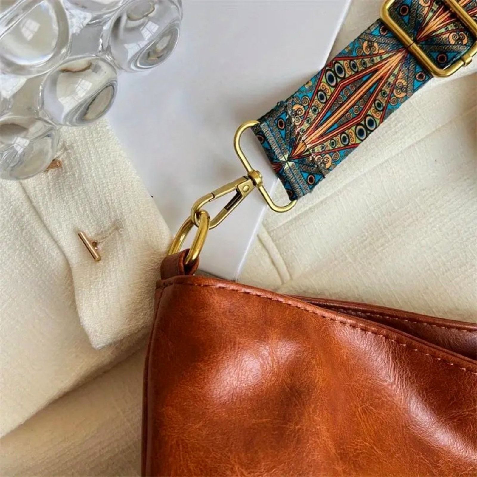 Other Art Deco Inspired PU Leather Crossbody Shoulder Bag - Beige Size ONE SIZE - 6 Thumbnail