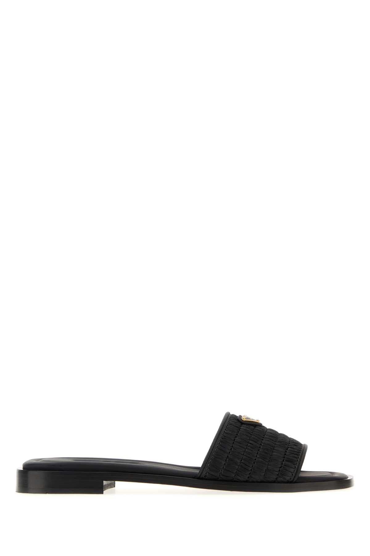 Prada Black Raffia And Leather Slippers Size US 5.5 / IT 35.5 - 1 Thumbnail