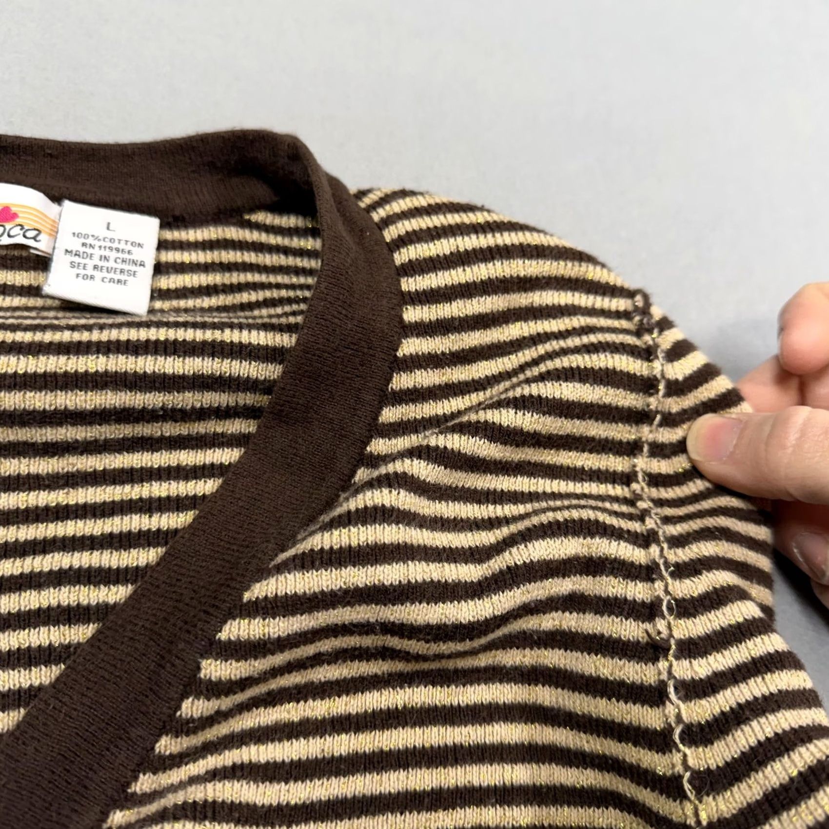 Vintage Loca Loca Sweater Cardigan Womens Large Brown Striped 100% Cotton V Neck Knit Bell Sleeve Casual Vintage: No Size L / US 10 / IT 46 - 2 Thumbnail