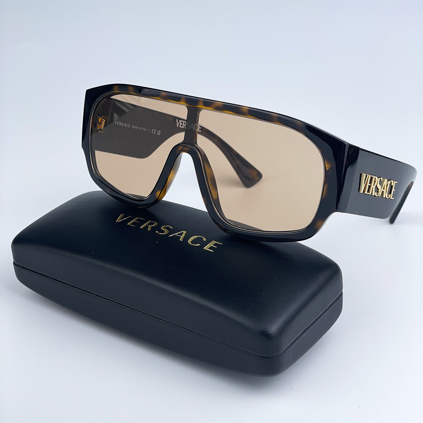 image of New Versace Ve4439 108/73 Logo Shield Unisex Sunglasses in Havana/Light Brown, Women's