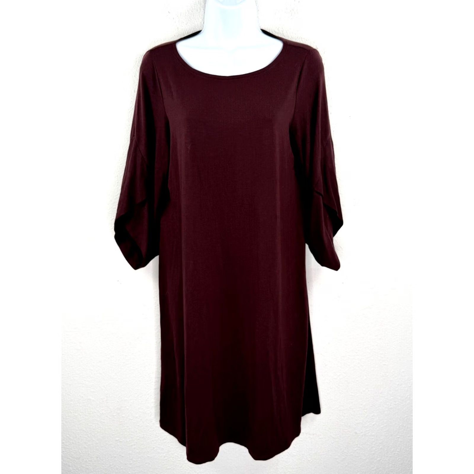 Eileen Fisher VINTAGE Eileen Fisher Tulip-Sleeve Shift Dress Petite Small Wine Boat Neck Stretch Size S / US 4 / IT 40 - 2 Thumbnail