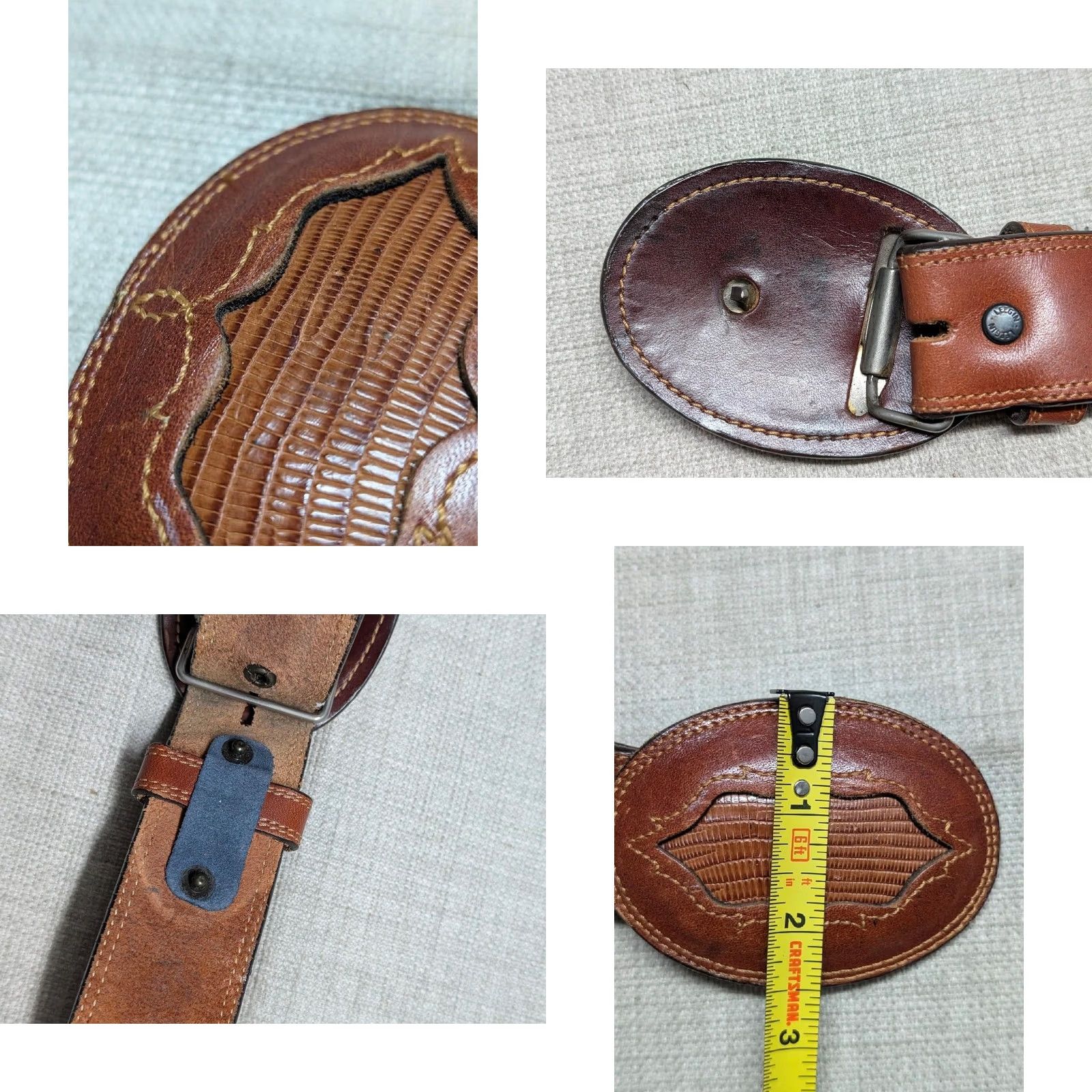 Vintage VINTAGE WESTERN belt LIZARD buckle USA made brown 38 leather COWBOY belt Men Buckle inlay Stitched 1-1/2" width Size 38 - 8 Thumbnail