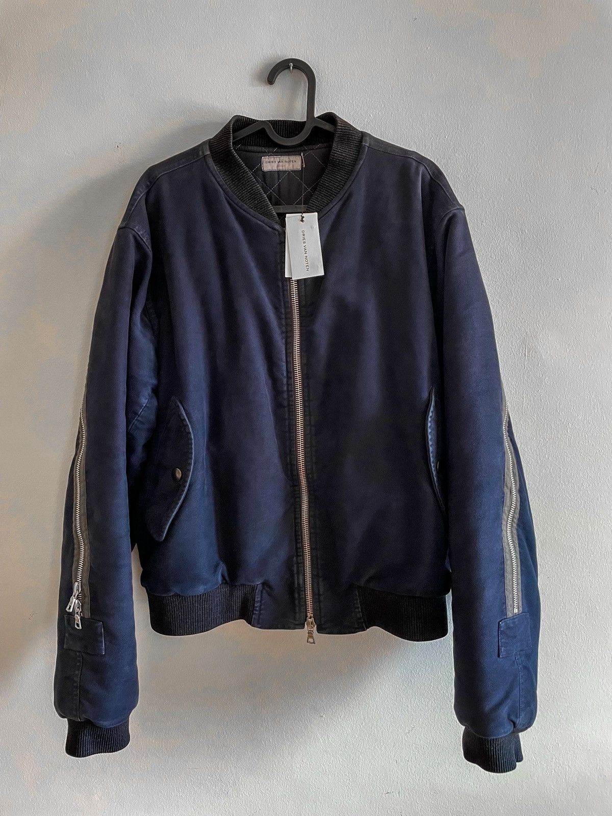 image of Dries Van Noten Aw14 Backzip Bomber Jacket in Black/Blue, Men's (Size Medium)