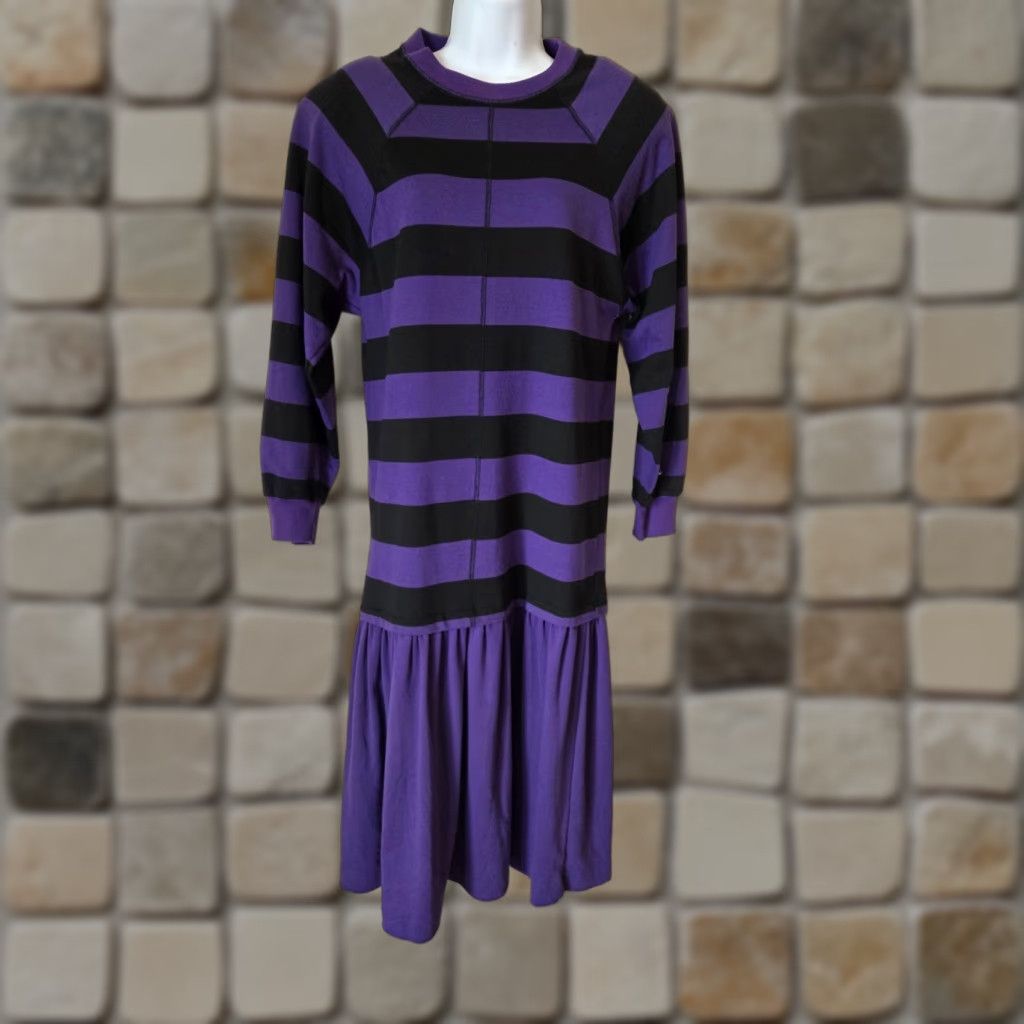 Vintage VTG 80s Adolfo II Purple Black Stripe Drop Waist Ruffle Hem Sweater Dress Size S Women's Dress Size S / US 4 / IT 40 - 1 Thumbnail