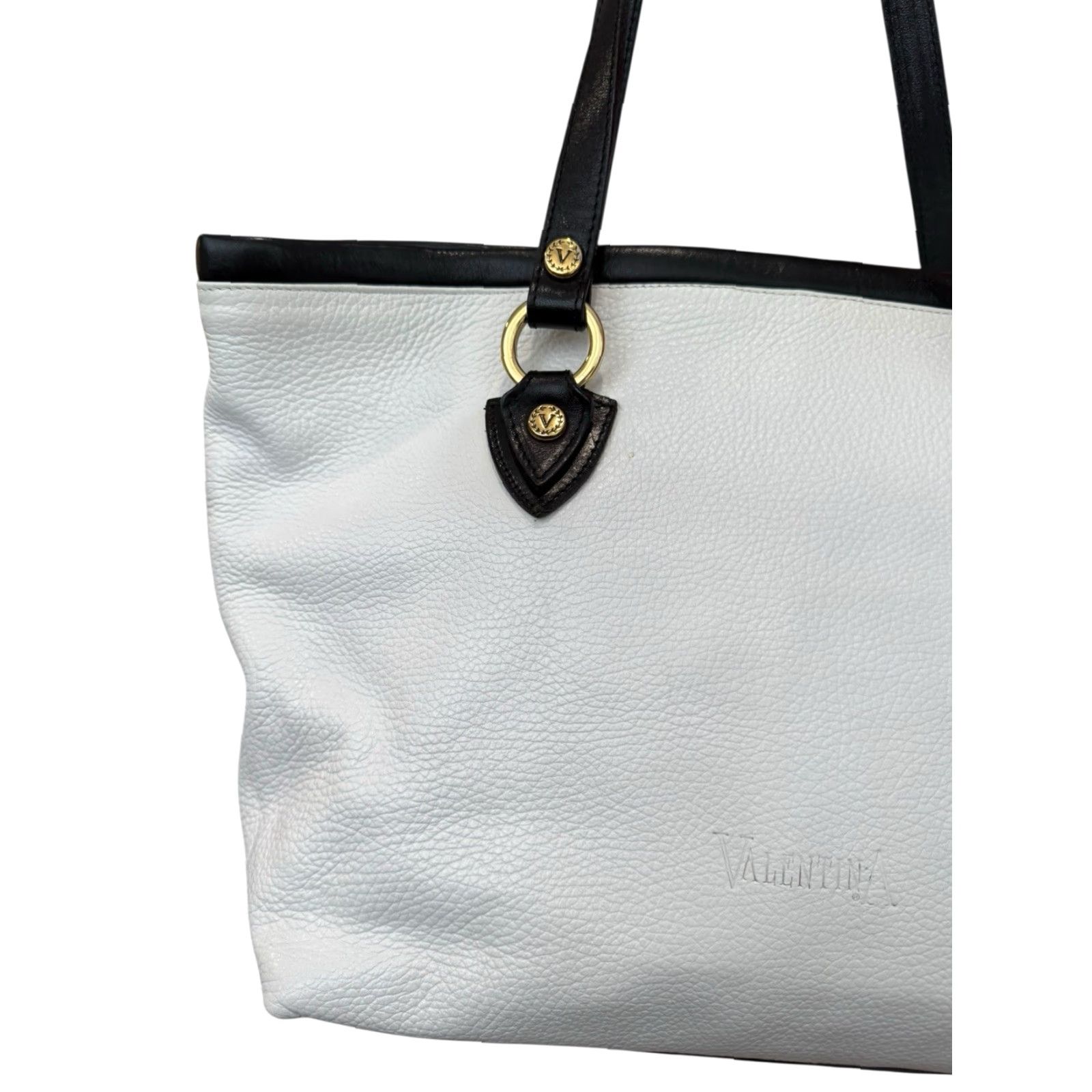 Vintage VALENTINA Crossbody Bag White Genuine Leather Handmade In Italy Black Trim Tote Womens Medium White/Pebbled Leather, Gold Hardware, Magnetic Closure Size ONE SIZE - 5 Thumbnail