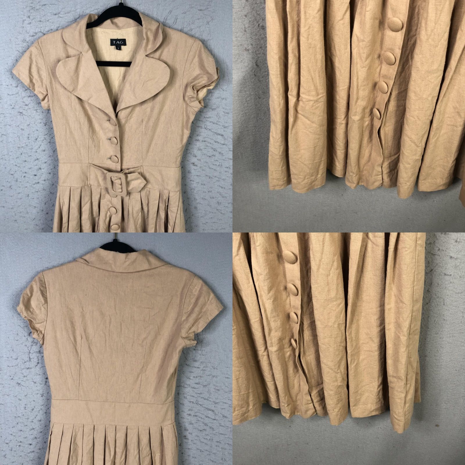 Vintage T.A.G Dress Women S Beige Linen Button Front Pleated Belted Fit Flare Pinup Shirt Dress Size S / US 4 / IT 40 - 8 Thumbnail