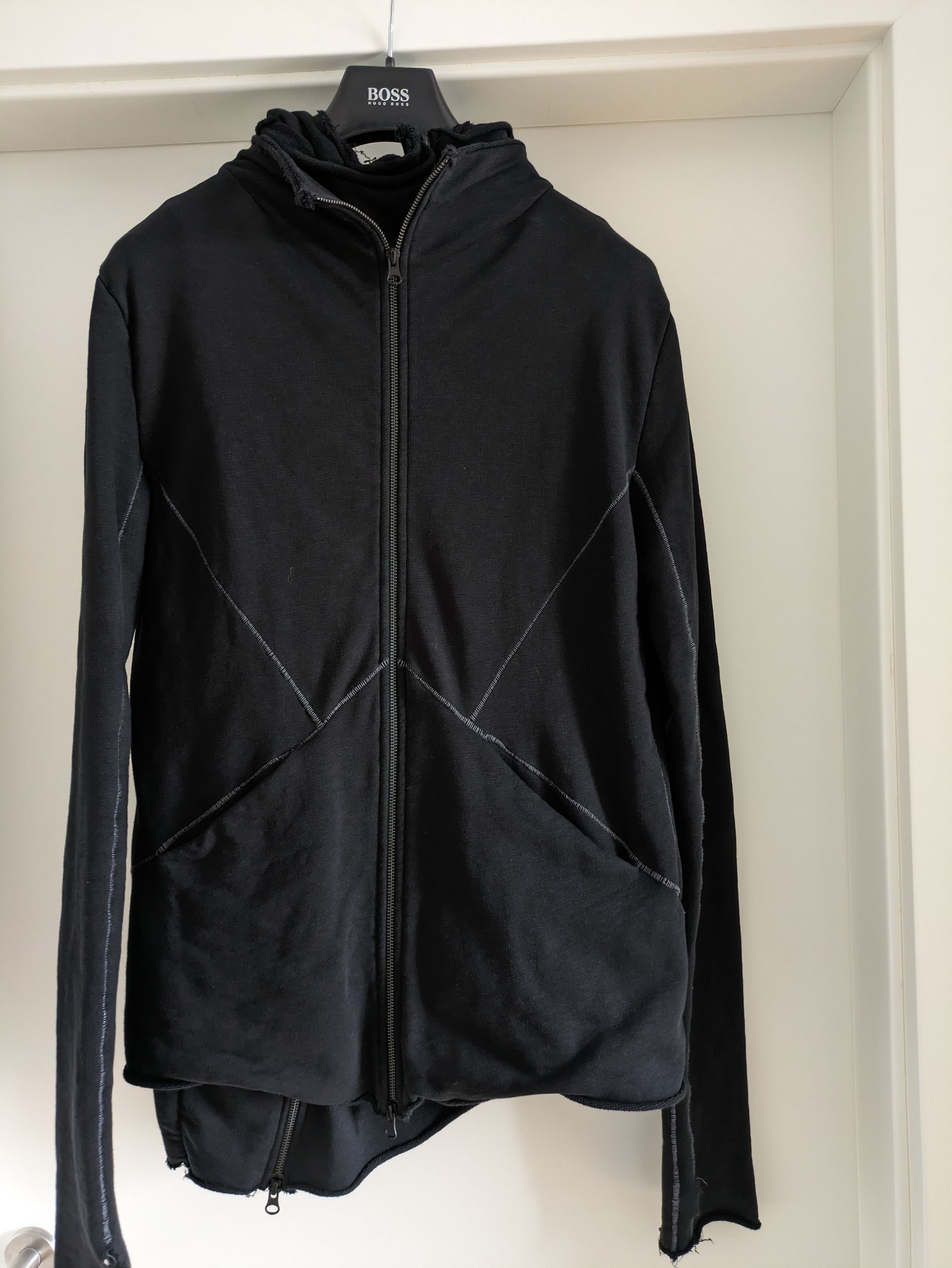image of Thom Krom Double Layer Asymmetric/symmetric Hooded Zipped Sweater in Black, Men's (Size Medium)