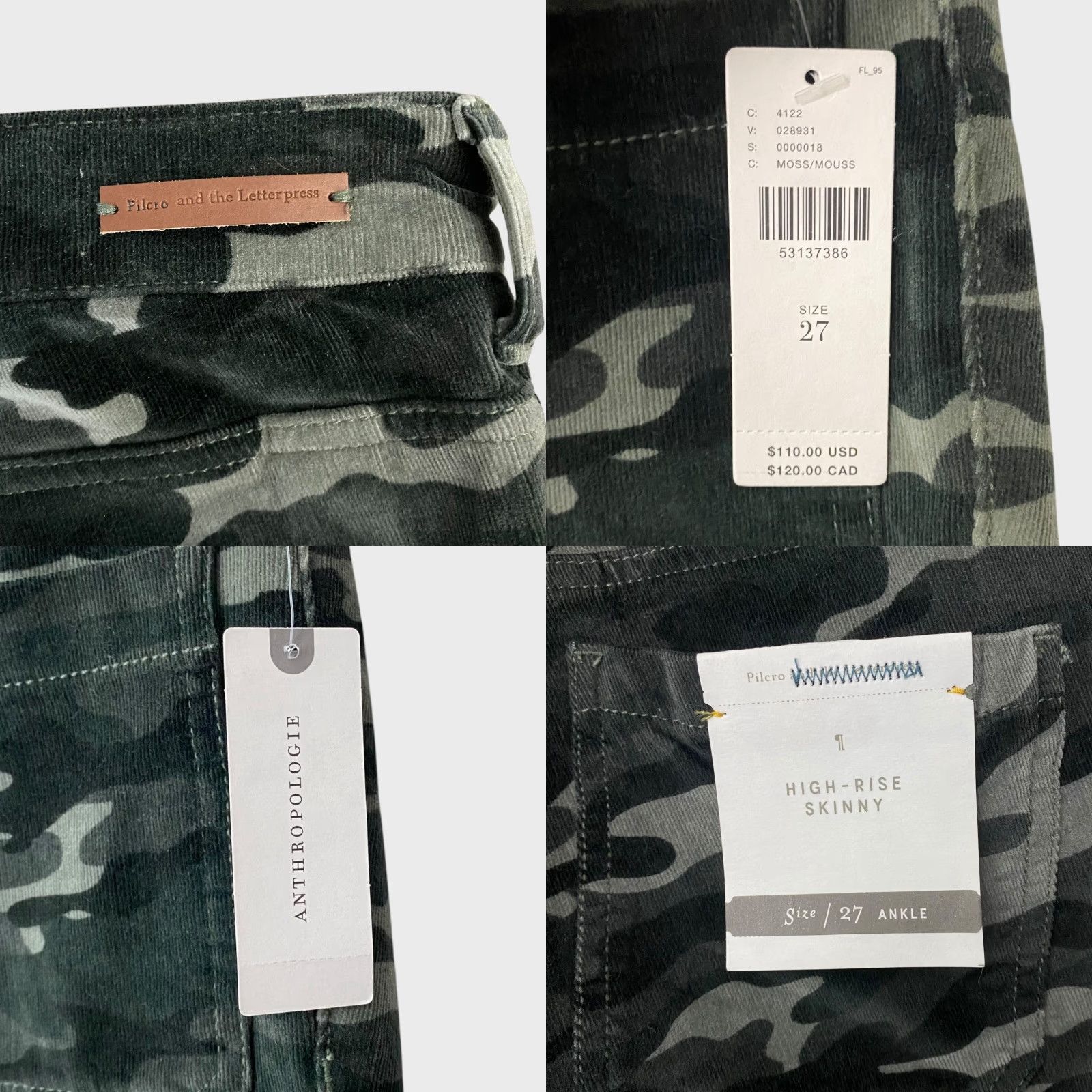 Anthropologie VINTAGE Anthropologie Pilcro Corduroy High-Rise Skinny Ankle Pants Green Camouflage Women's 27 New Size 27" / US 4 / IT 40 - 8 Thumbnail