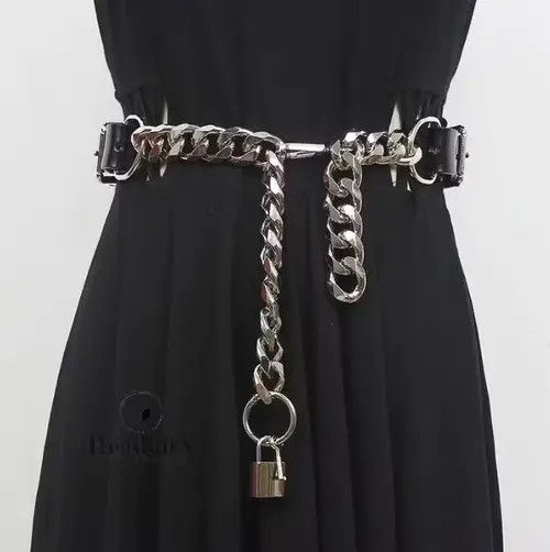 Other PU Leather Black Thick Metal Chain Long Wide Belt Size ONE SIZE - 1 Thumbnail