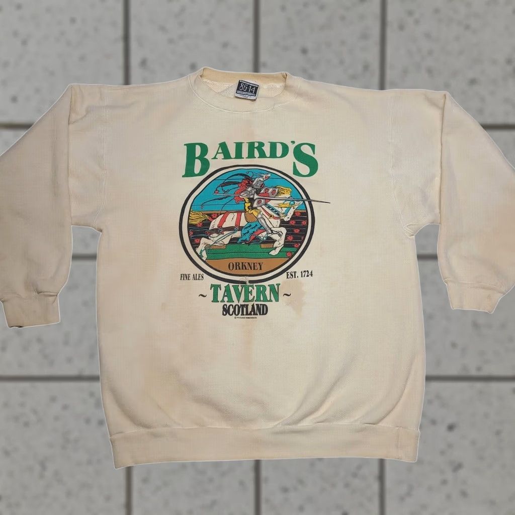 Vintage VINTAGE Bairds Tavern Sweatshirt Scotland 1990 Knight Ales Men’s Large Distressed Crew Neck Long Sleeve Pullover Sweatshirt Men Ivory L Size US L / EU 52-54 / 3 - 1 Thumbnail