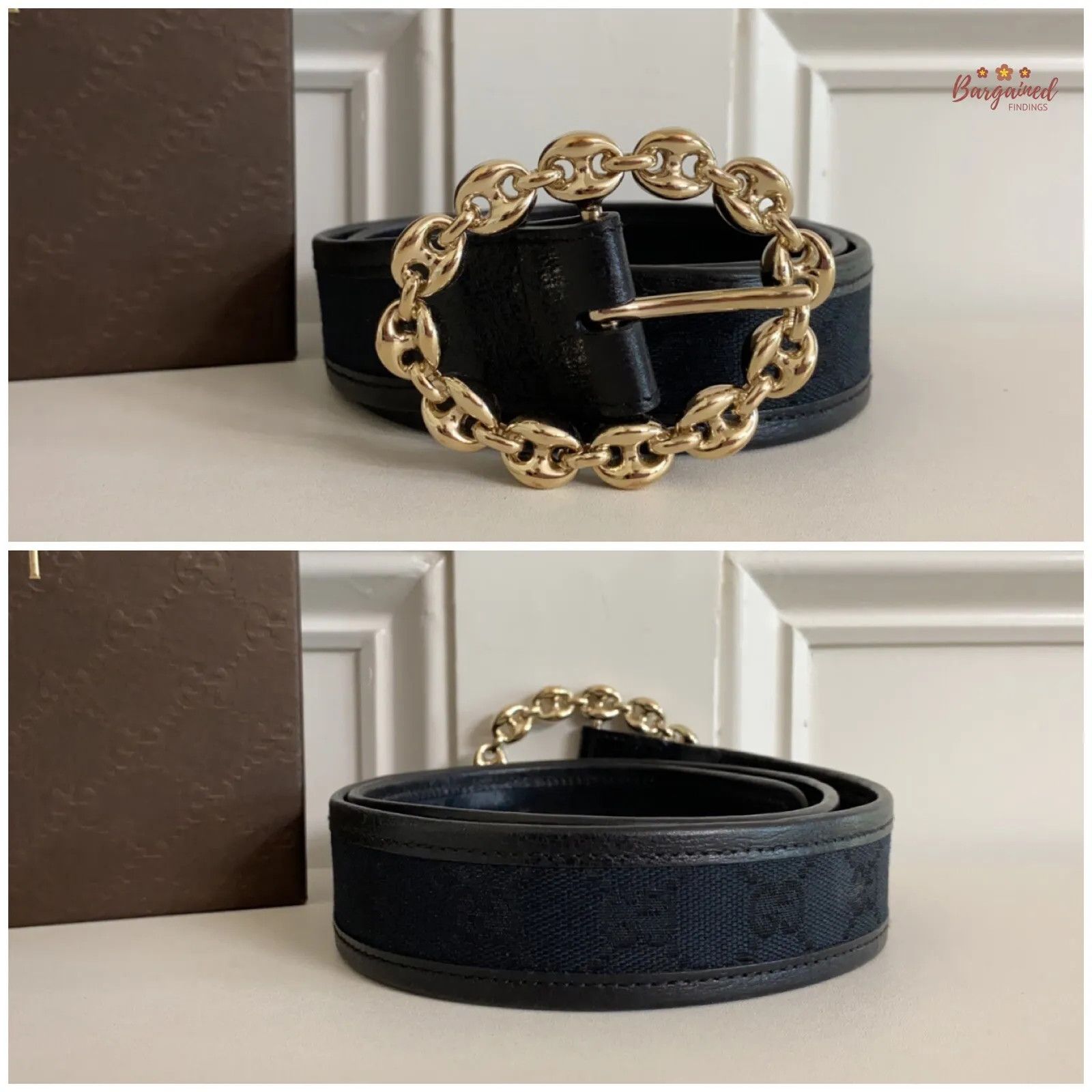 Gucci Gucci Black Monogram Canvas Leather Gold Chain Buckle Belt Size 30 - 7 Thumbnail