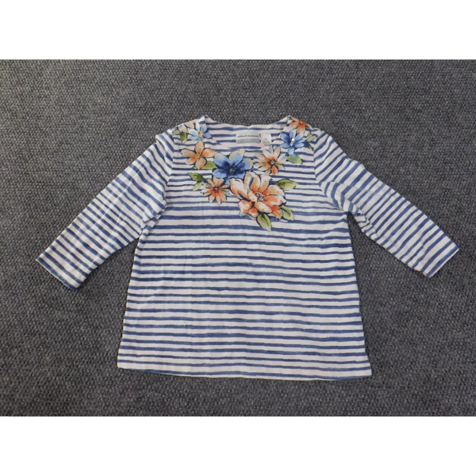Vintage Alfred Dunner Blouse Shirt Petite PS Women Blue Stripe Knit Cotton Spandex V-Neck Long Sleeve Stretch Casual Size S / US 4 / IT 40 - 2 Thumbnail