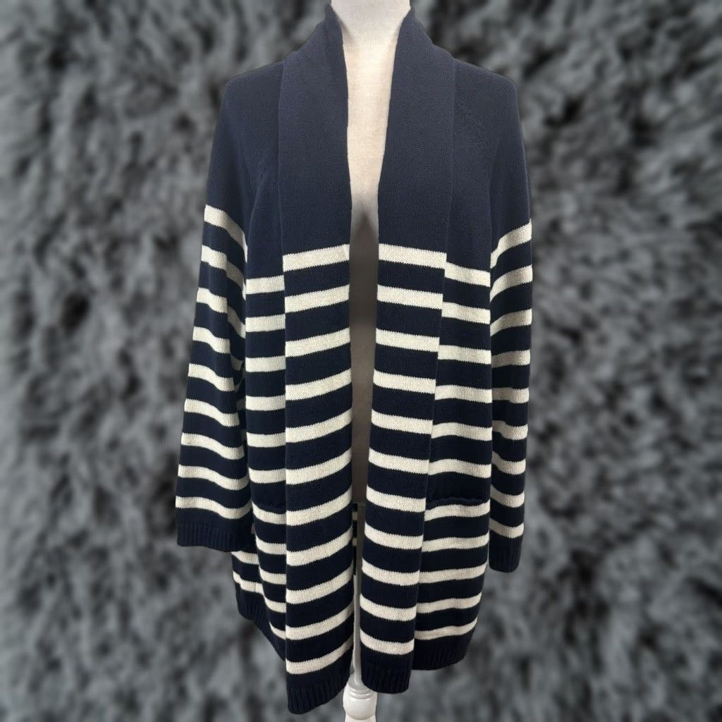 Talbots Talbots Knit Cardigan Sweater 3XP Petites Navy Striped Open Front Women Knit Cotton Blend Long Sleeve Cardigan Mens? Size XXL / US 16-18 / IT 52-54 - 1 Thumbnail