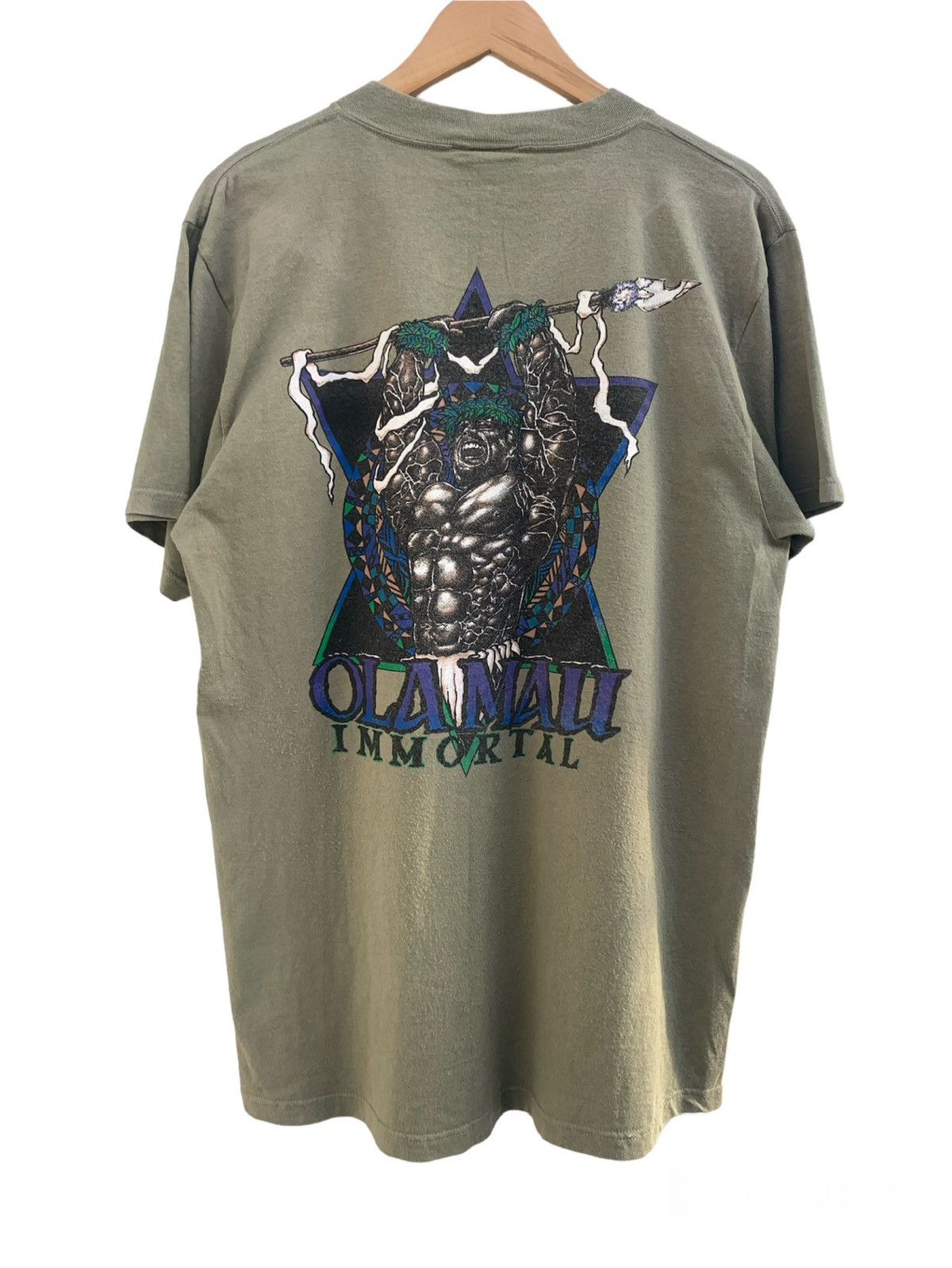image of Tultex x Vintage 90's Olamau Immortal Hawaii Warrior T-Shirt in Olive, Men's (Size Large)