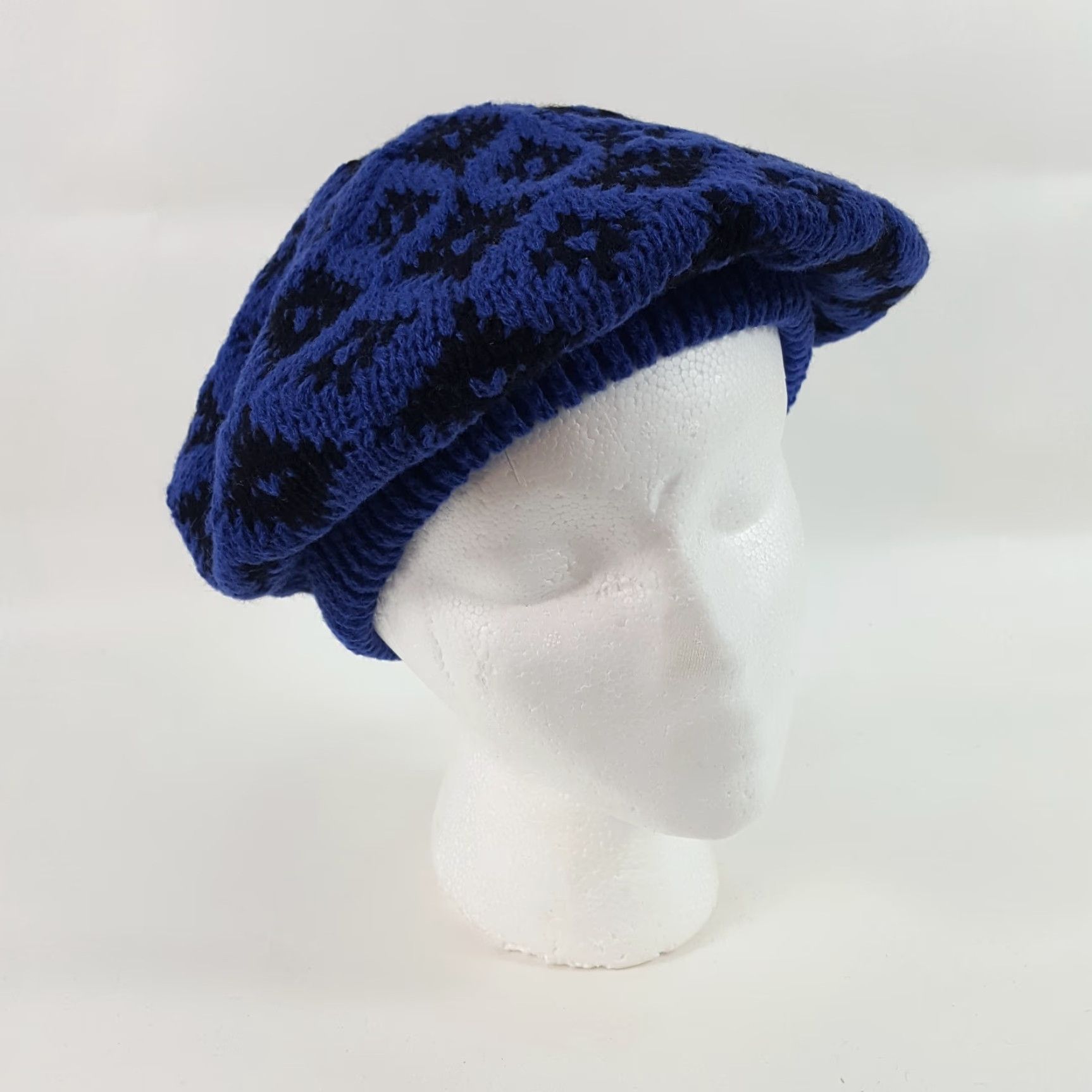 Vintage VINTAGE Vintage 80s Knit Wool Blue Diamond French Beret Warm Winter Hat Womens One Size Size ONE SIZE - 3 Thumbnail