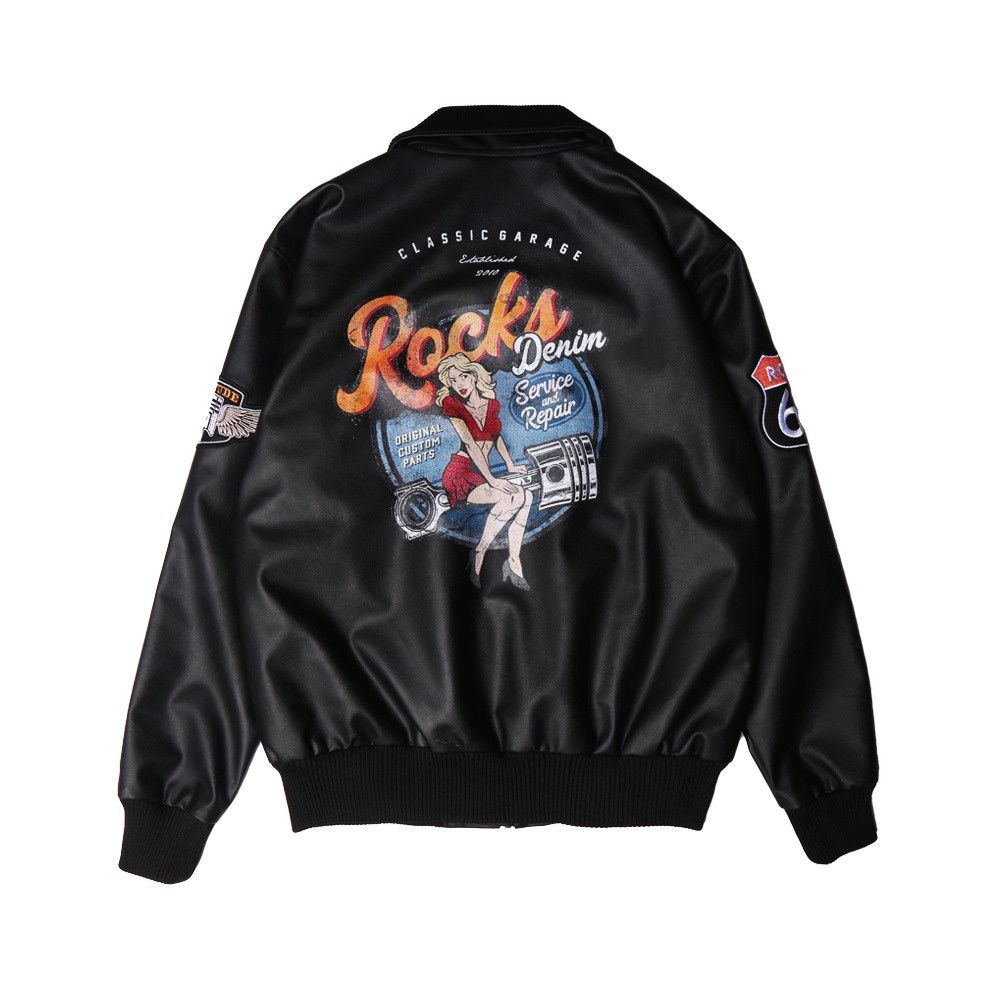 image of Varsity Jacket Leather Synthesis Jacket Motorcycle Old Skull Garage in Black, Men's (Size 2XL)