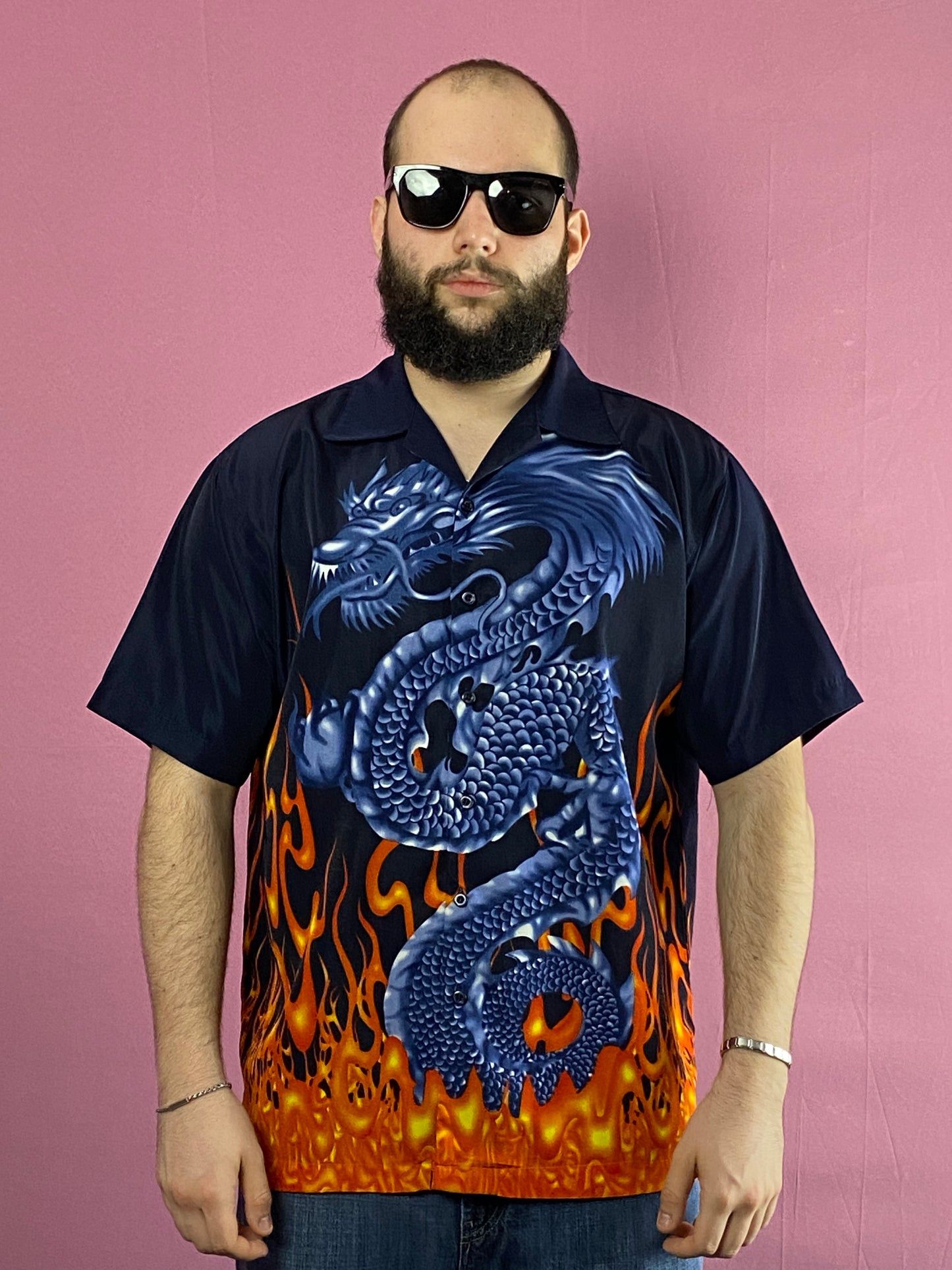 Designer Men's Flame Chinese Dragon Print Short Sleeve Shirt - M Size US M / EU 48-50 / 2 - 2 Thumbnail