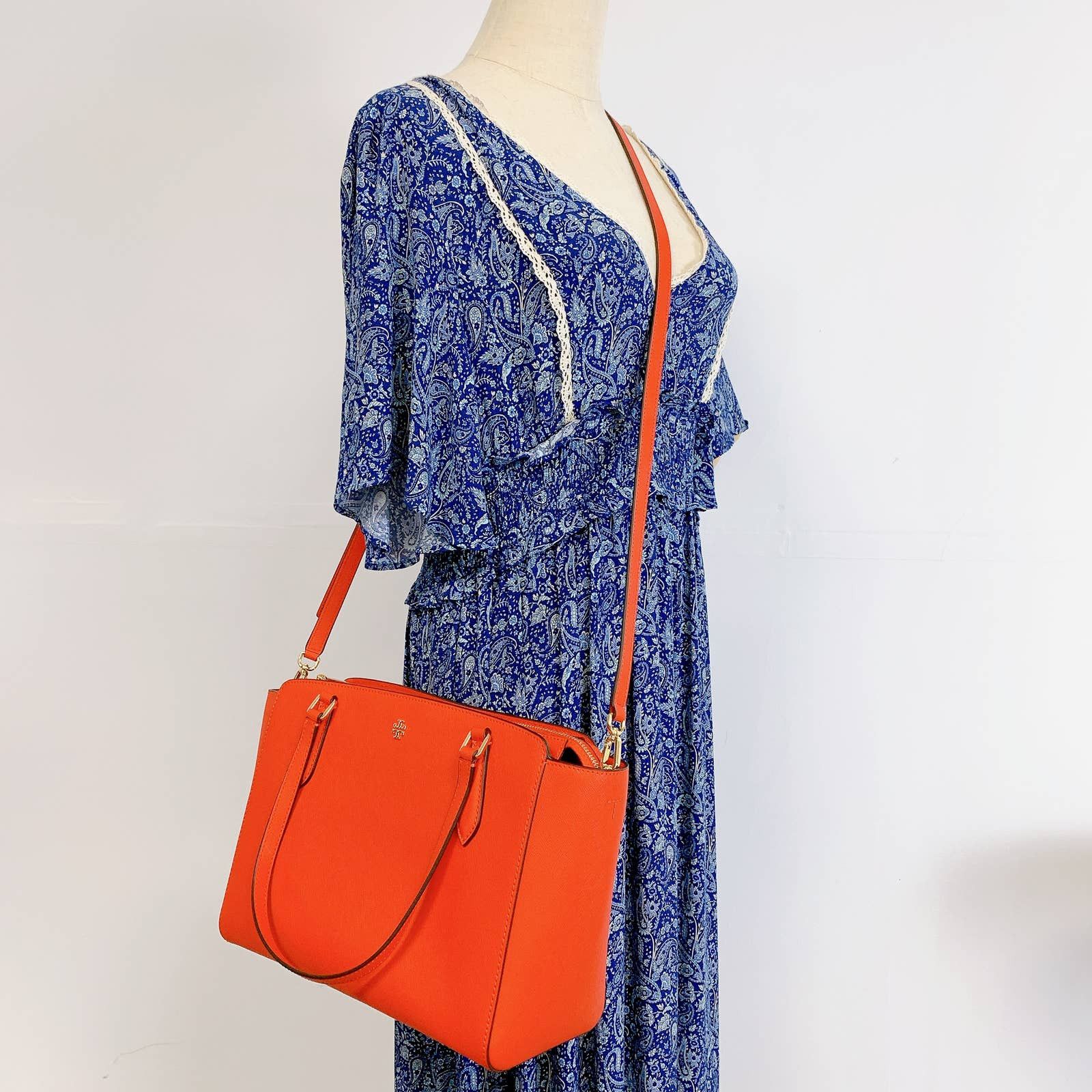 Tory Burch Emerson Top Zip Tote Mini Bright Samba in Saffiano