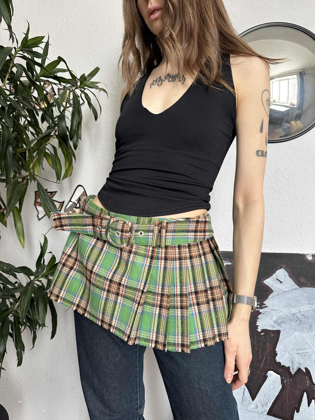 Beauty Beast × Japanese Brand Micro mini extra skirt vintage plaid pleated buckle belt Size 34" / US 12 / IT 48 - 7 Thumbnail