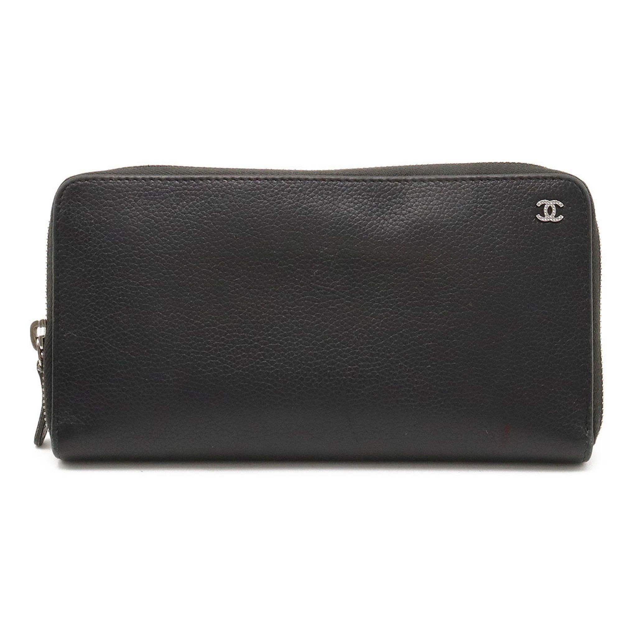 image of Chanel Coco Mark Round Long Wallet Leather Black, Women's