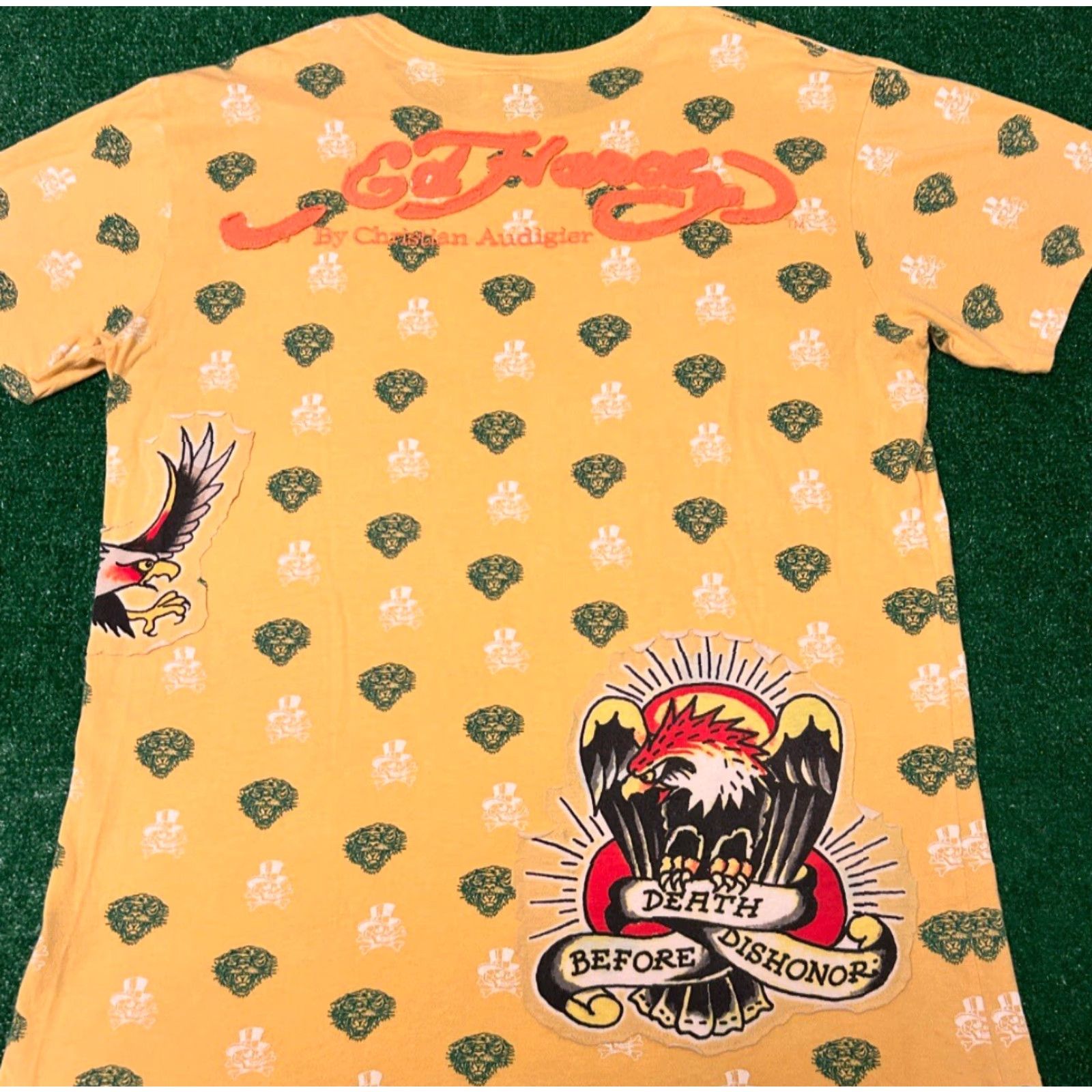 Ed Hardy VINTAGE Ed Hardy All Over Print Death Before Dishonor VTG Shirt Mens L Yellow Short Sleeve Tattoo Skull Y2K Punk Grunge Hip Hop Shirts Mens Size US L / EU 52-54 / 3 - 2 Thumbnail