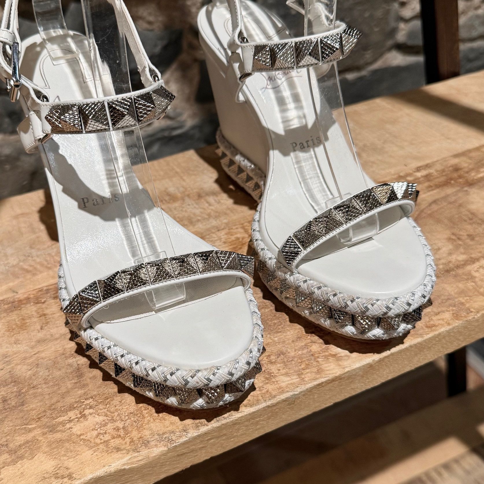 Christian Louboutin Christian Louboutin Leather Studded Pyraclou Wedge Sandals Size US 8 / IT 38 - 4 Thumbnail