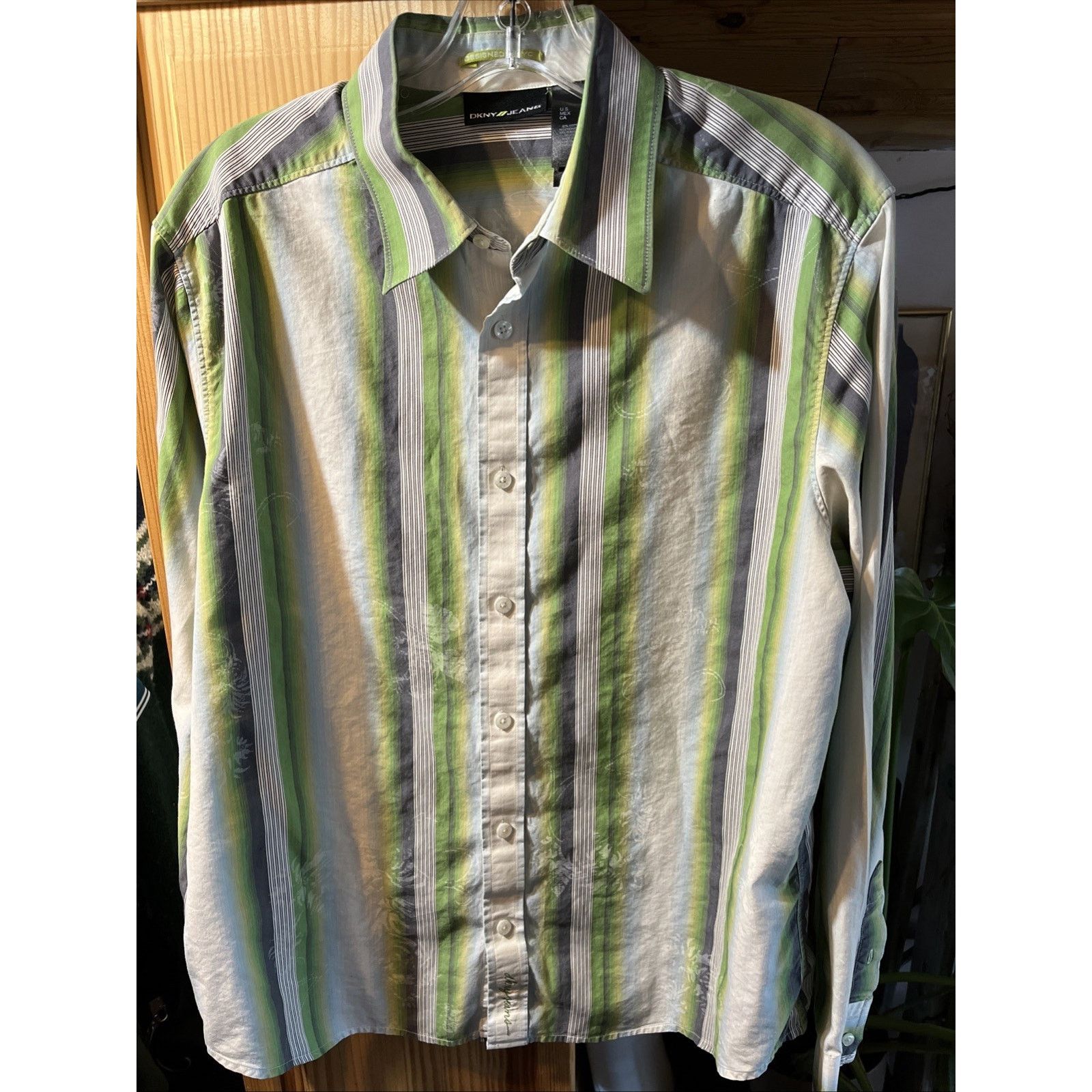 DKNY DKNY Jeans Shirt Mens Large Button Blue Green Striped Cotton Size US L / EU 52-54 / 3 - 6 Thumbnail