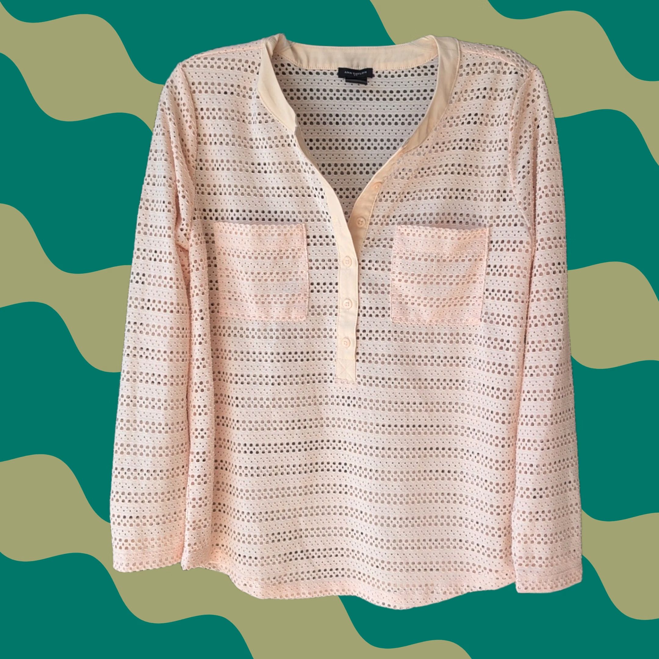 Ann Taylor Ann Taylor Blouse Henley Long Sleeve Pink Eyelet Lace Size M Women Regular Modern Classic Casual Workwear Size M / US 6-8 / IT 42-44 - 1 Thumbnail
