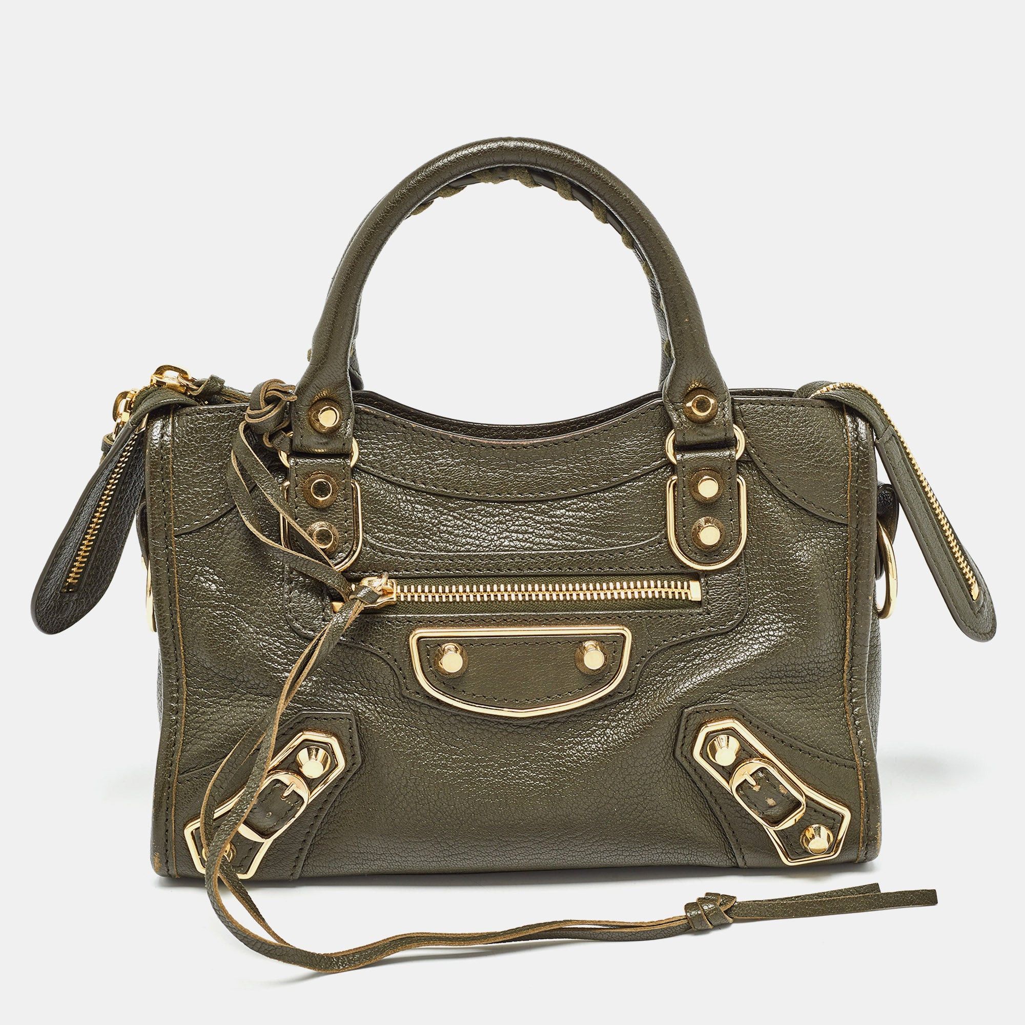 image of Balenciaga Olive Green Leather Mini Metallic Edge Classic City Bag, Women's
