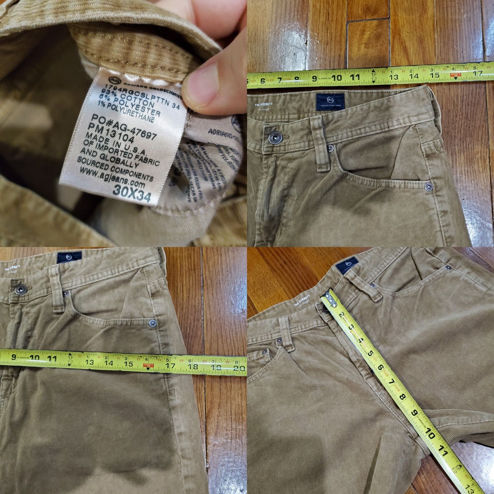 VINTAGE AG Adriano Goldschmied The Everett Jeans Pants Mens 30x34 Slim Straight USA Made Corduroy Brown 5-Pocket Style